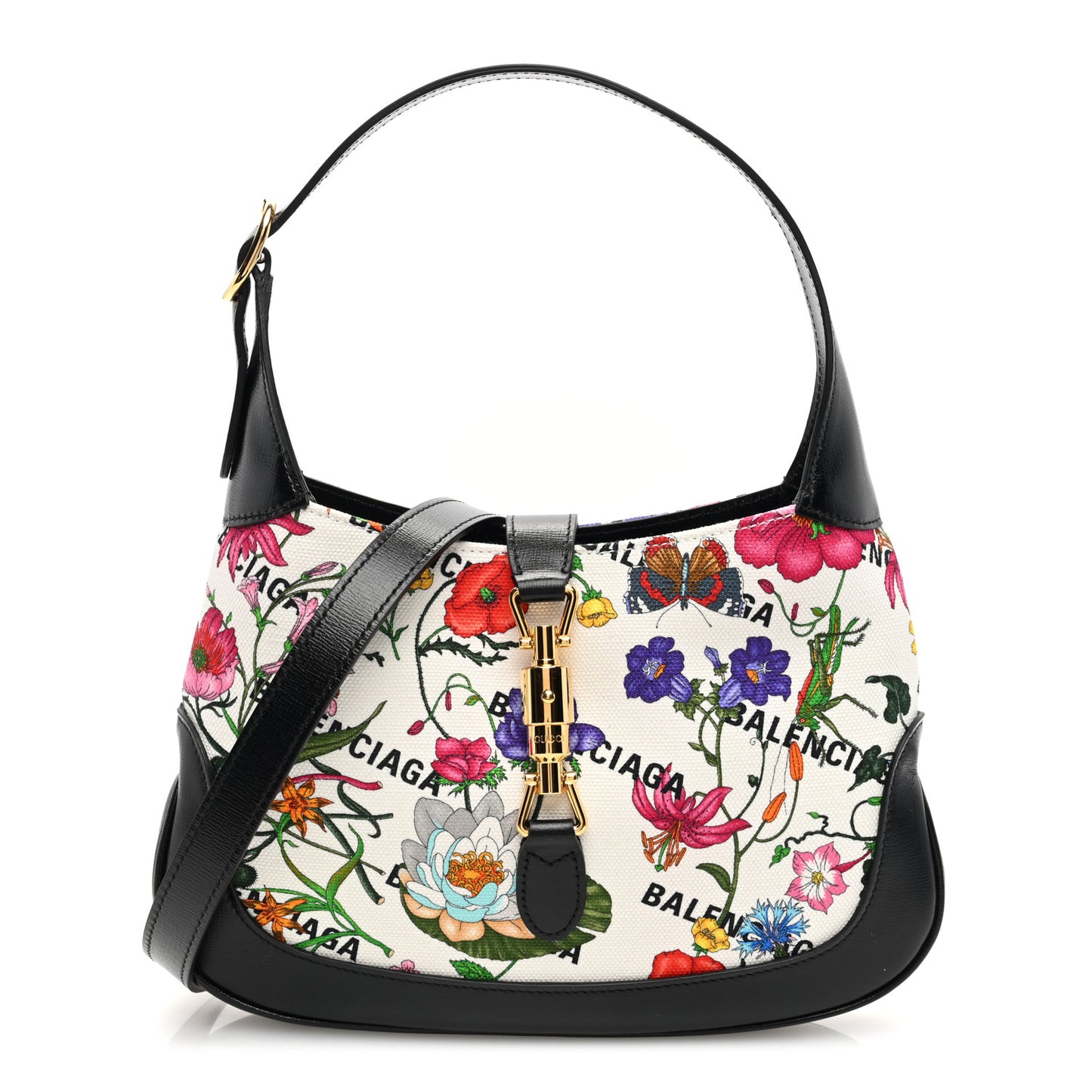 X BALENCIAGA Canvas Boarded Pluton Calfskin Flora Logo Print Small Jackie 1961 Hobo White Multicolor Black