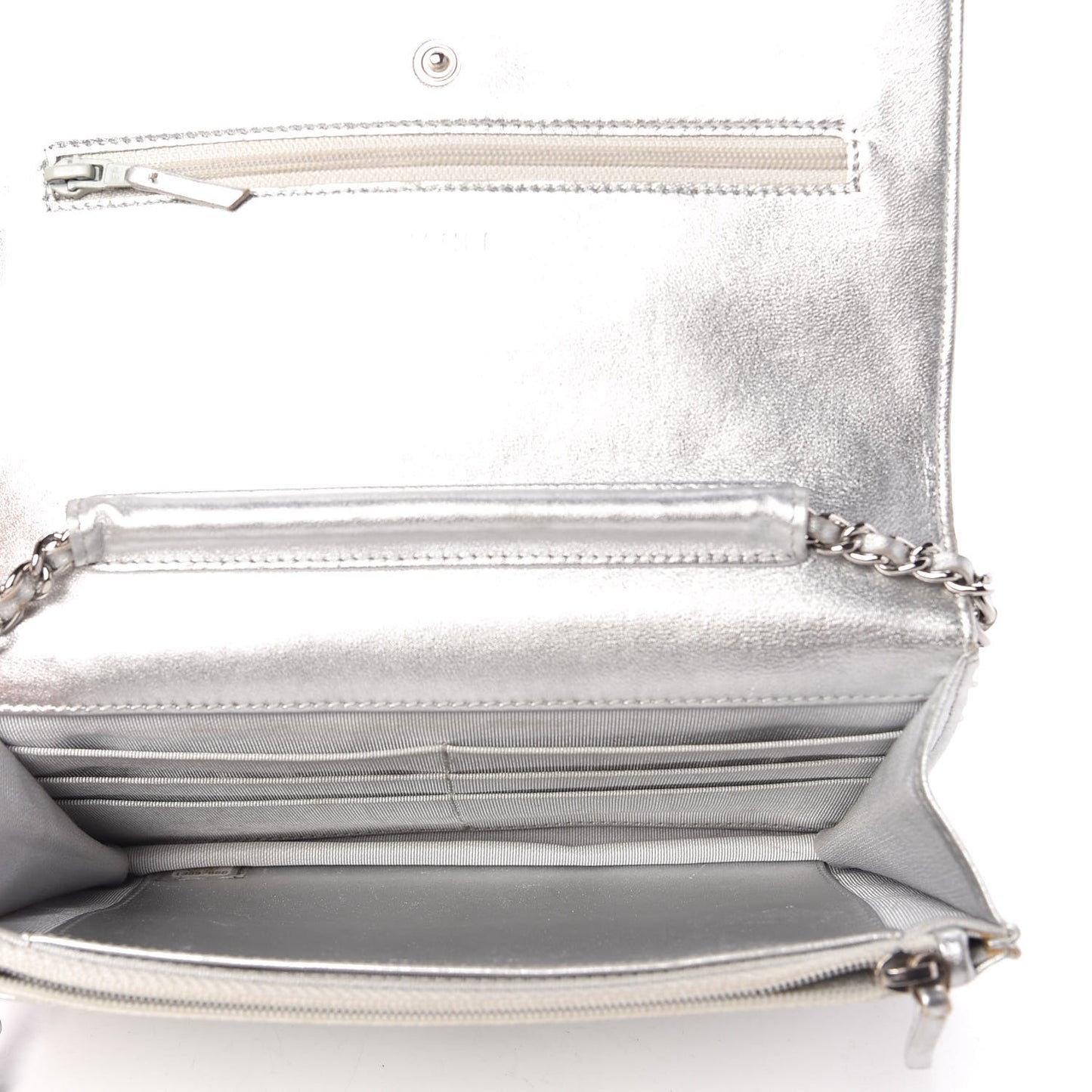Metallic Lambskin Quilted Wallet On Chain WOC Silver