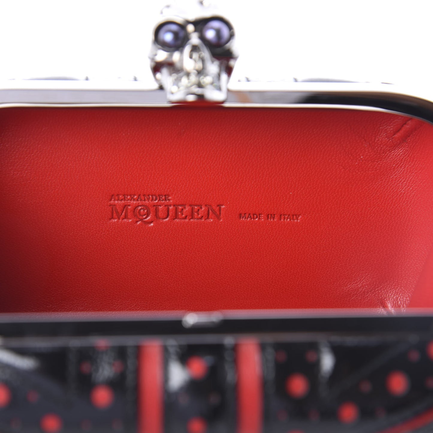 Patent Calfskin Britannia Skull Box Clutch Red Black