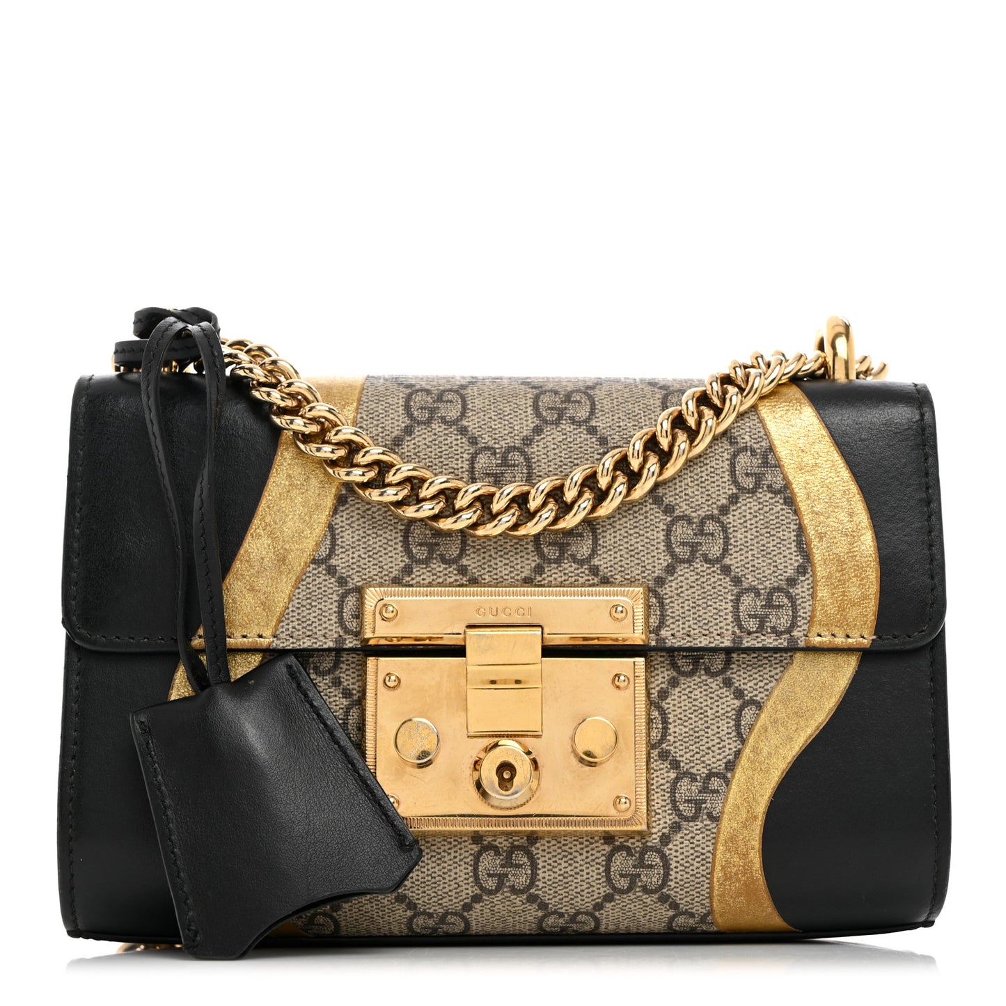 Calfskin GG Supreme Monogram Small Padlock Shoulder Bag Black Gold