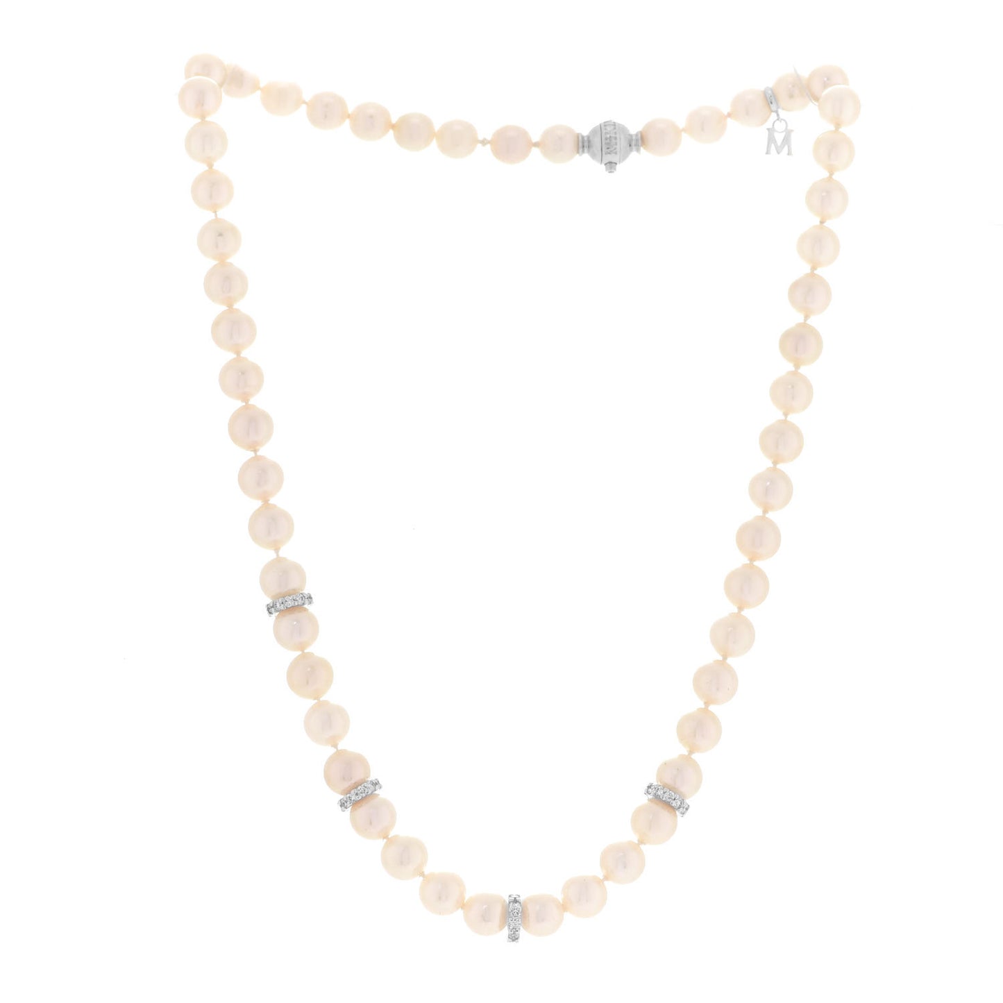 18K White Gold Diamond Akoya Pearl 7-7.5mm Strand Rondelle Necklace