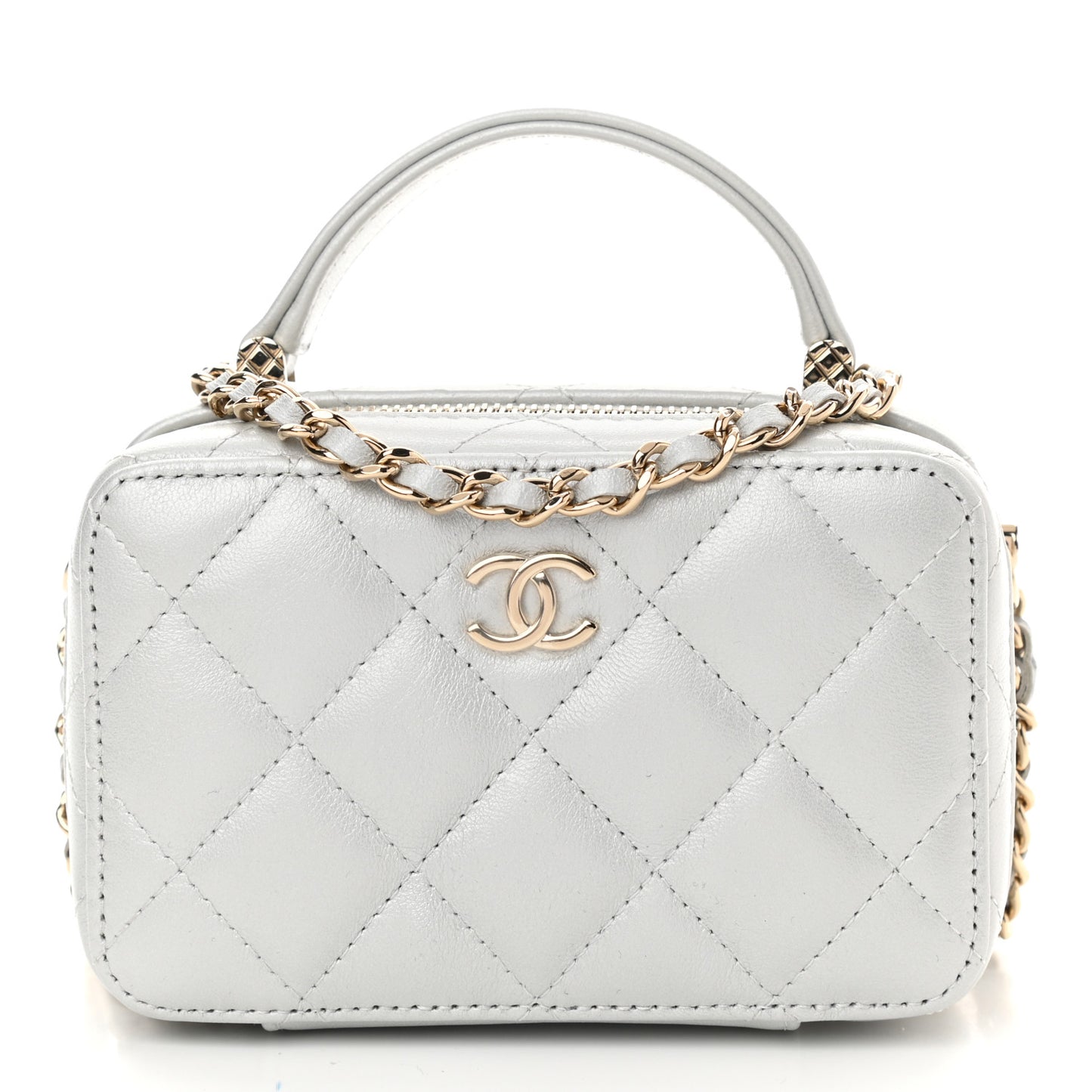 Metallic Lambskin Quilted Top Handle Vanity Case Silver