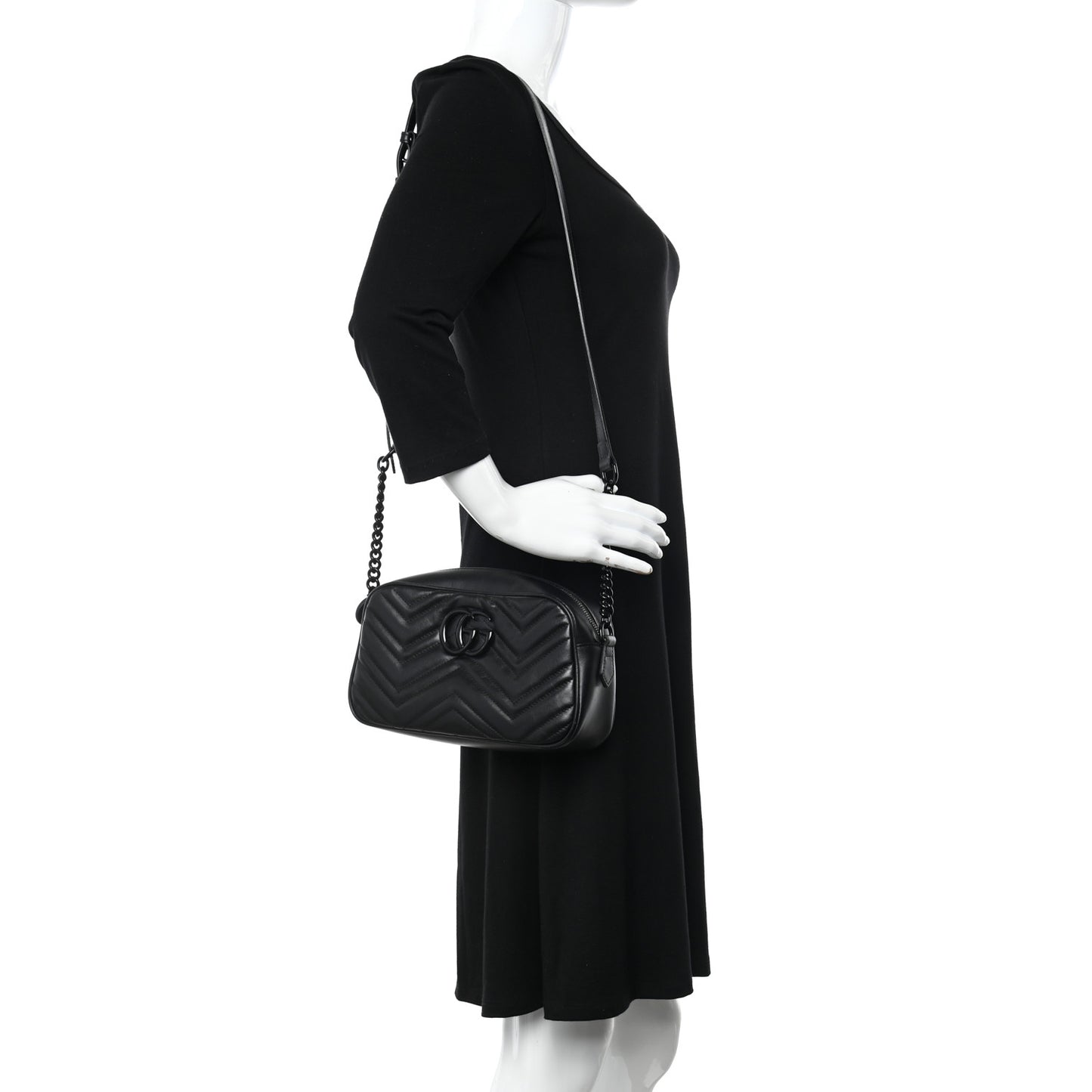 Calfskin Matelasse Monochrome Small GG Marmont Chain Shoulder Bag Black