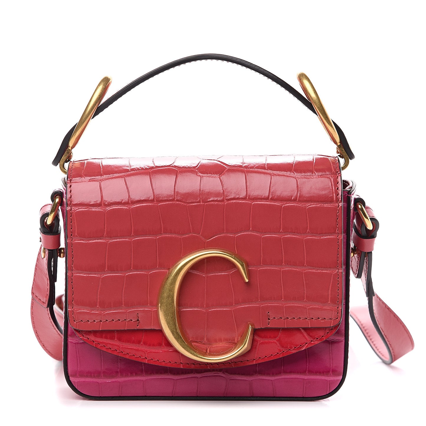 Calfskin Crocodile Embossed Mini C Double Carry Graphic Pink