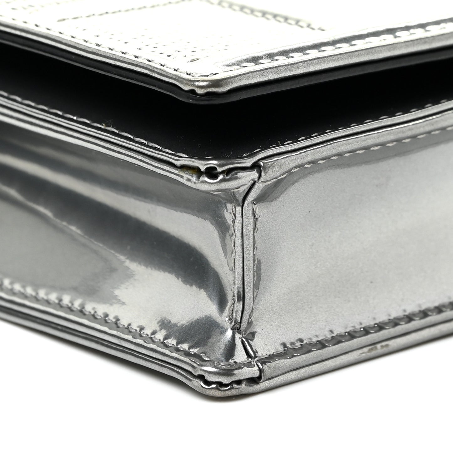 Metallic Patent Micro-Cannage Diorama Wallet on Chain Pouch Silver
