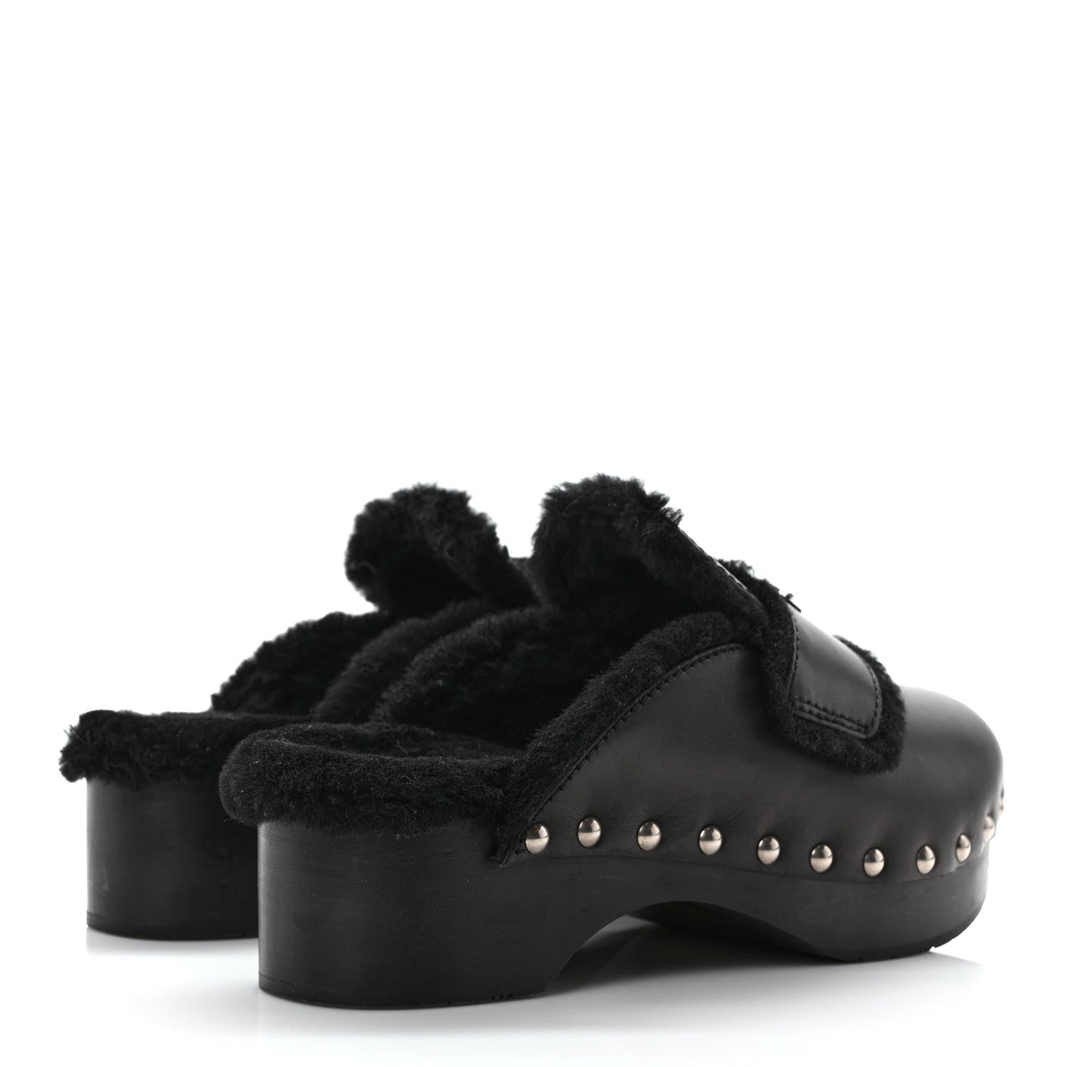 Prada Natural Calfskin Shearling Metal Triangle Logo 45mm Clogs 38 Black 4 of 7