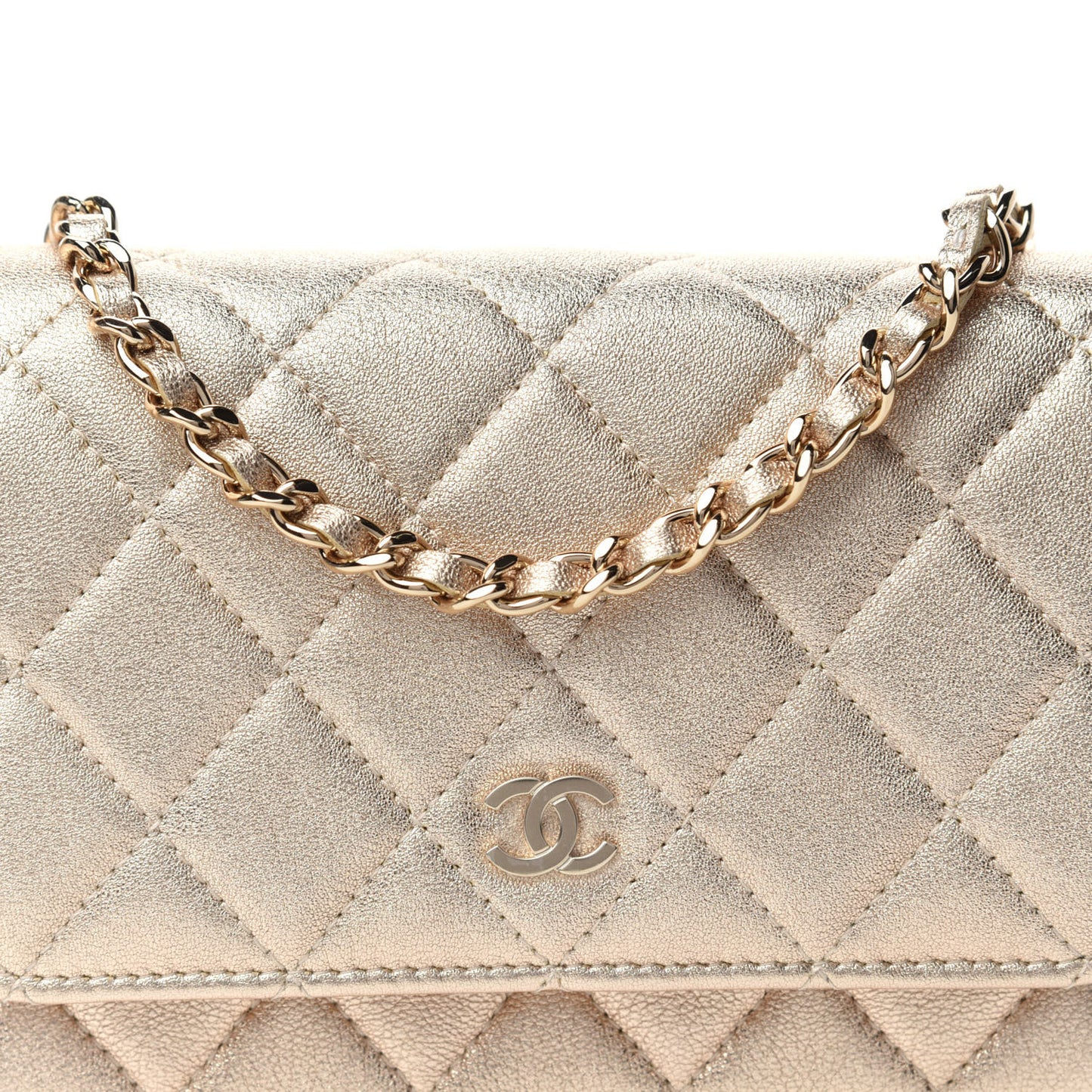 Metallic Lambskin Quilted Mini Wallet On Chain WOC Gold