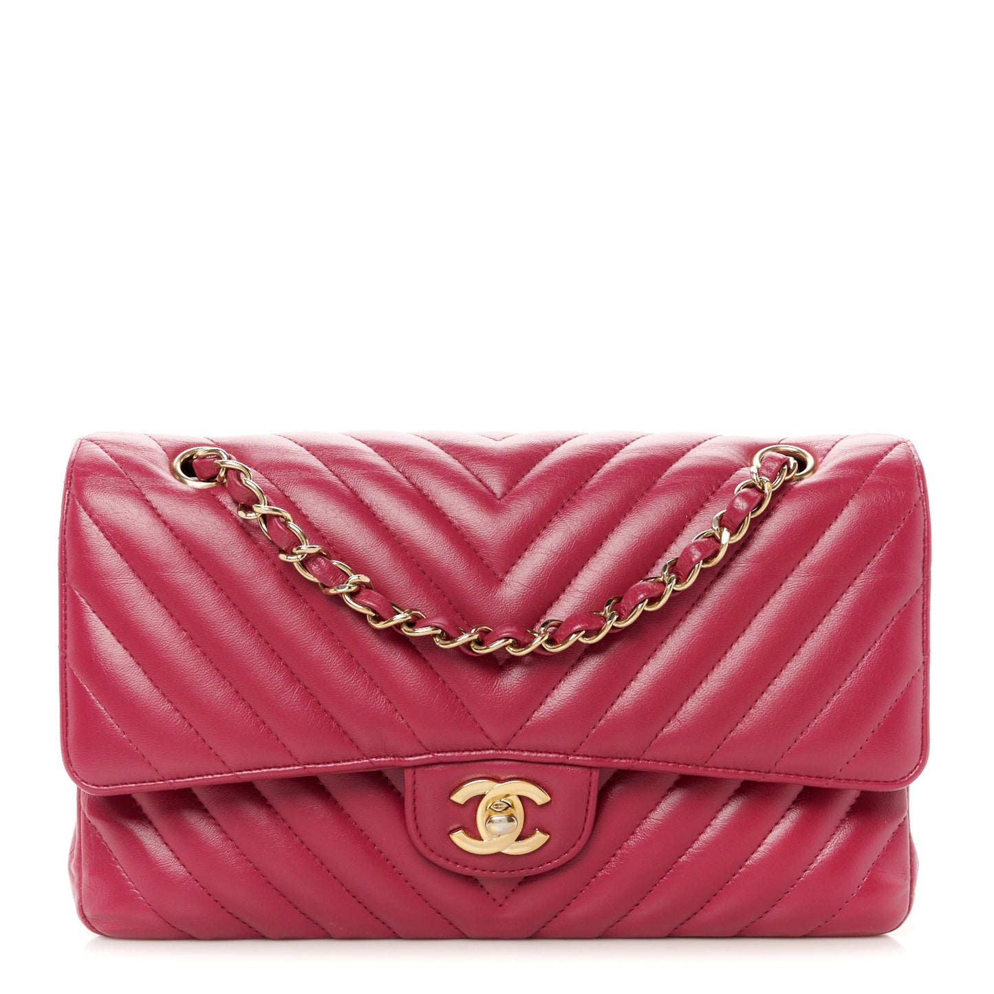 Lambskin Chevron Quilted Medium Double Flap Dark Pink