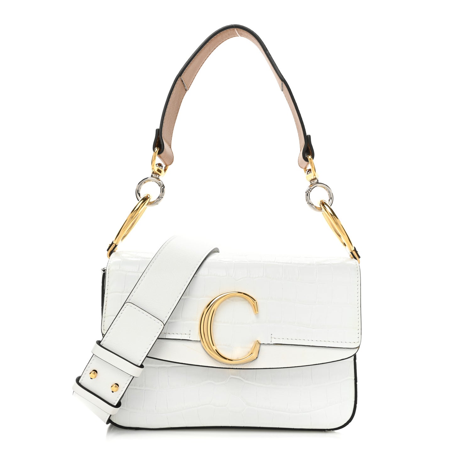 Calfskin Crocodile Embossed Small C Double Carry Brilliant White