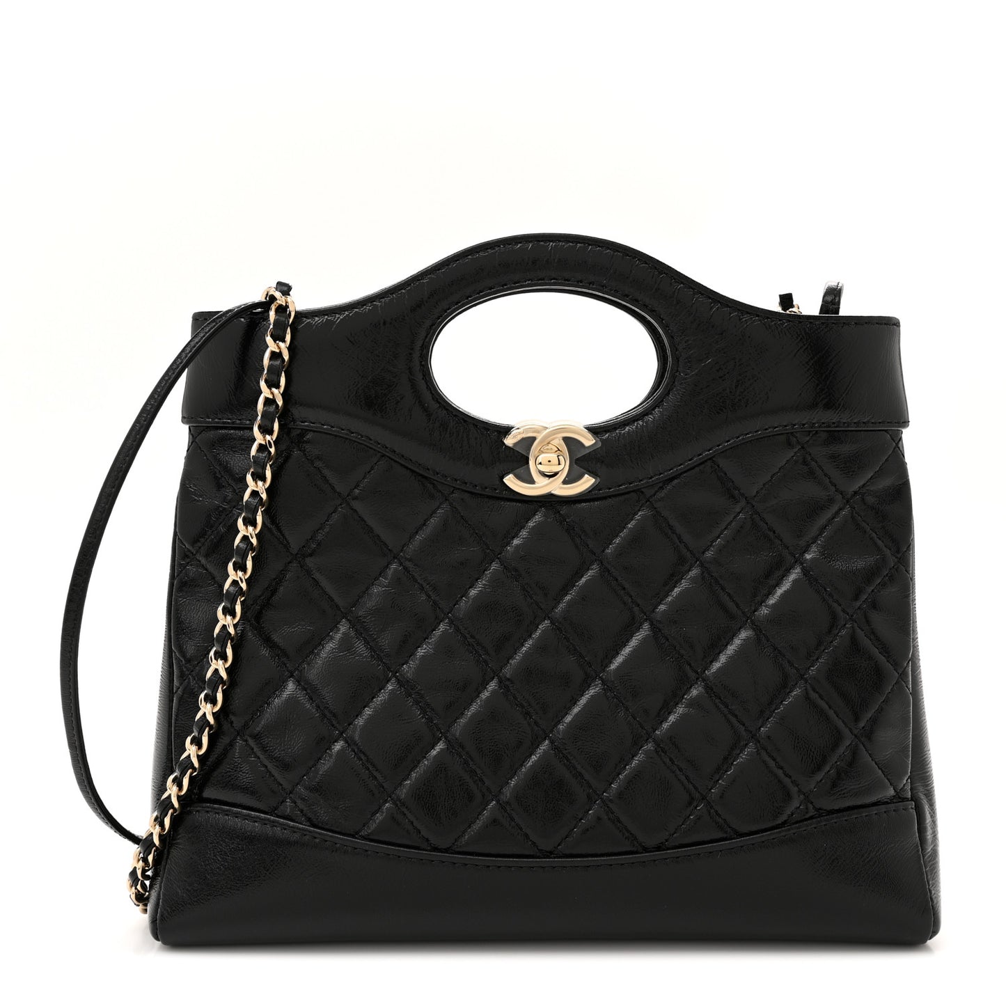Shiny Crumpled Calfskin Quilted Mini 31 Shopping Bag Black