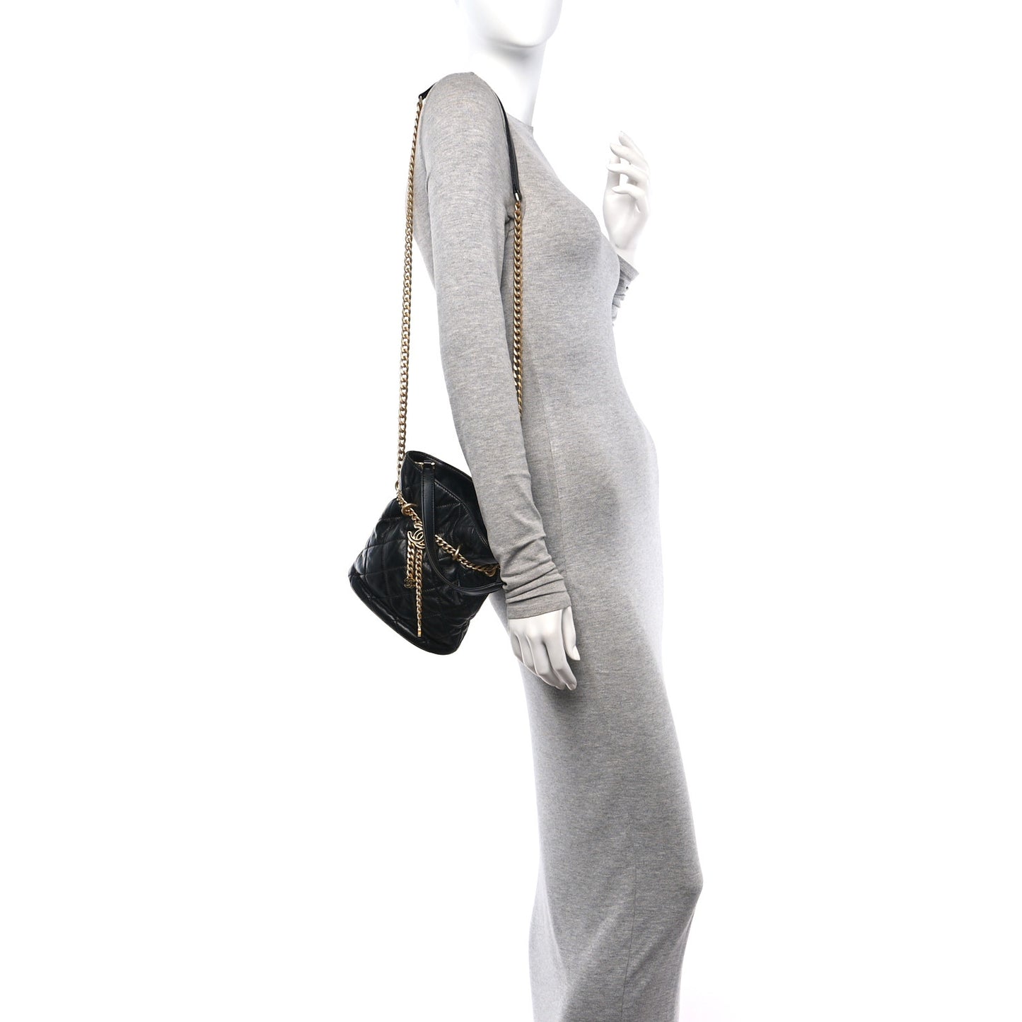 Lambskin Enamel Quilted Pending CC Bucket Drawstring Bag Black