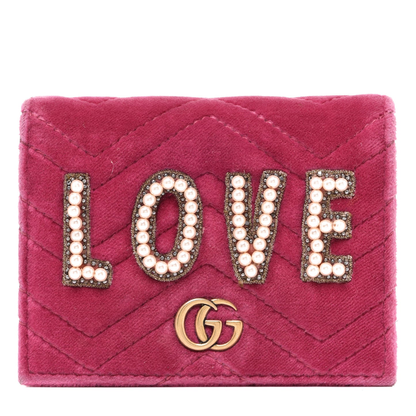 Velvet Matelasse Pearl Love Embroidered GG Marmont Card Case Wallet Light Raspberry Rose