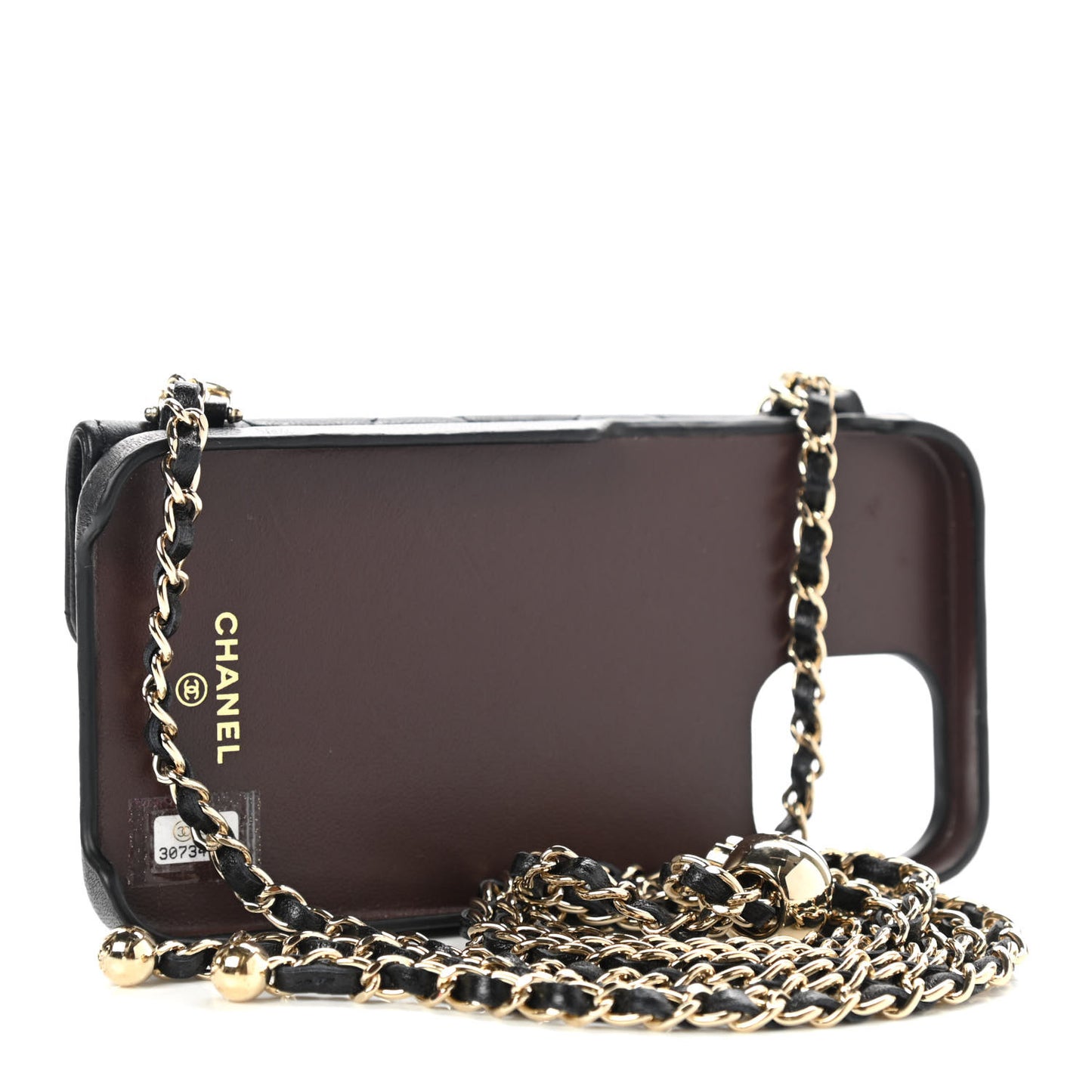 Lambskin Quilted Pearl Crush iPhone XII Pro Holder With Chain Black