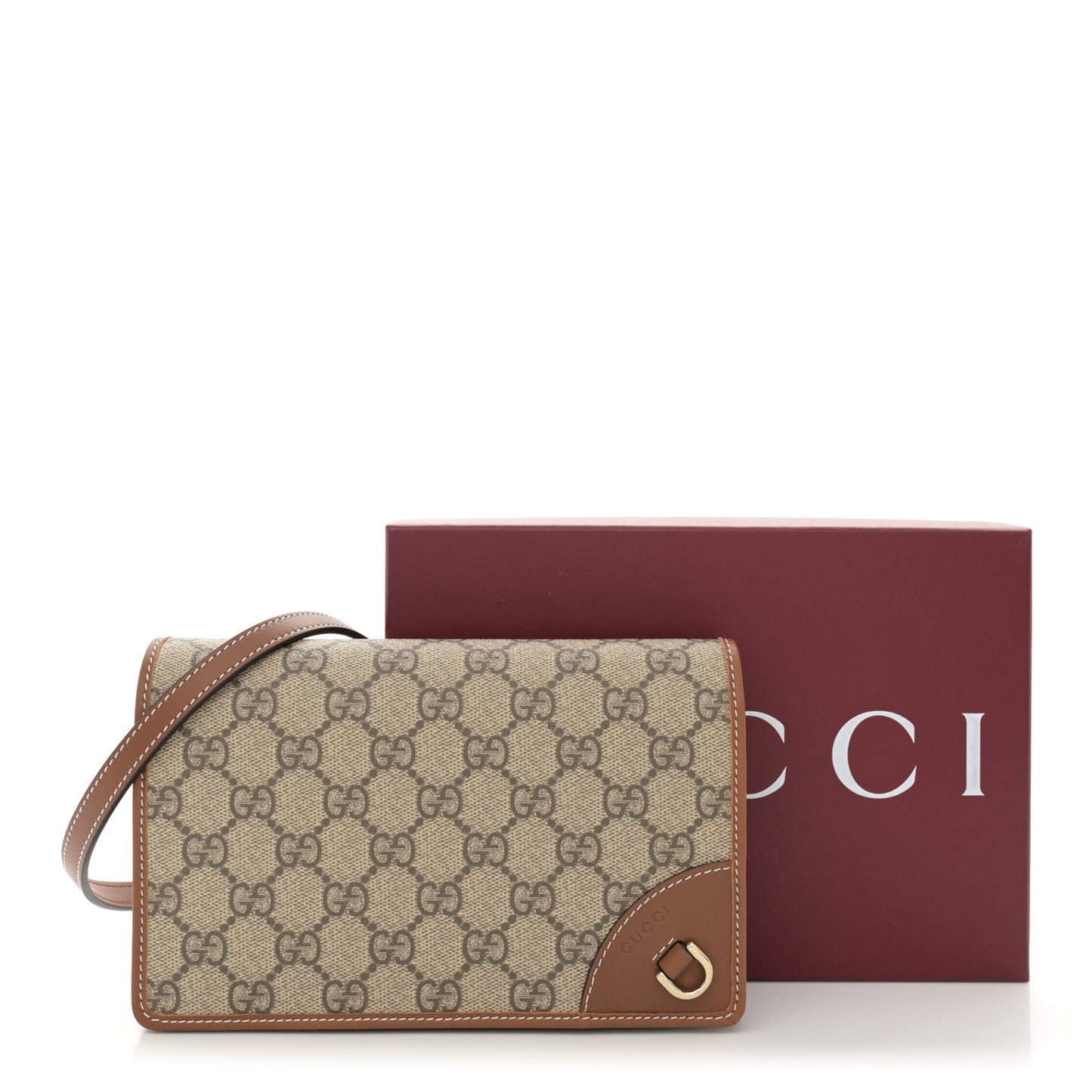 GG Supreme Monogram Textured Calfskin Emblem Super Mini Shoulder Bag Beige Dark Brown