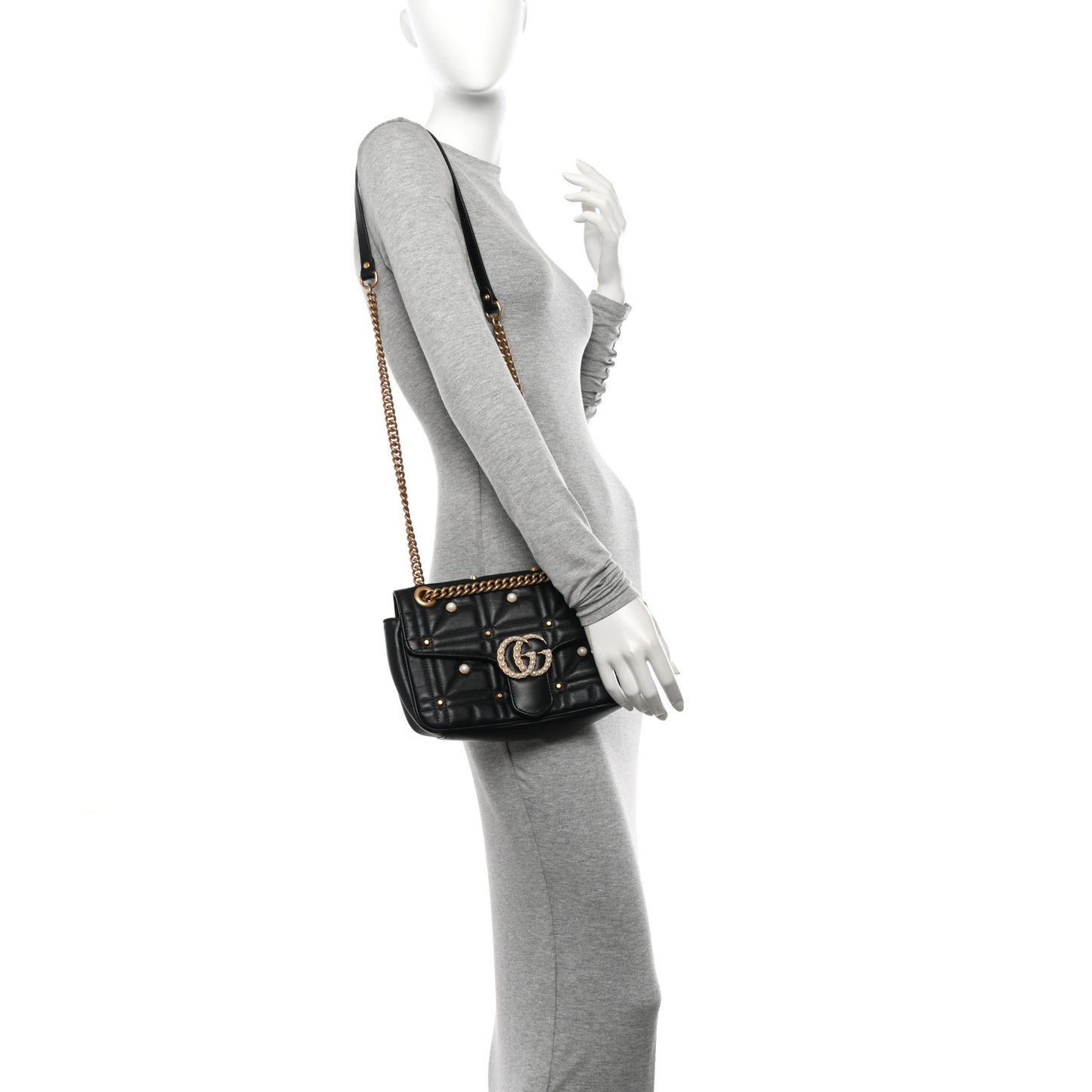 Calfskin Matelasse Studded Small Pearly GG Marmont Shoulder Bag Black