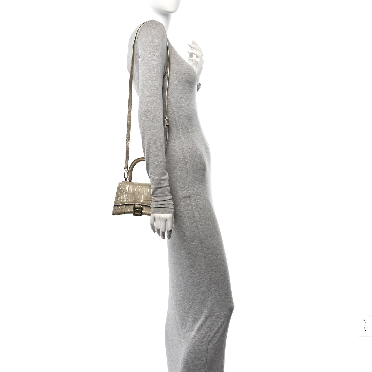 Metallic Shiny Calfskin Crocodile Embossed Hourglass Top Handle Bag XS Light Gold