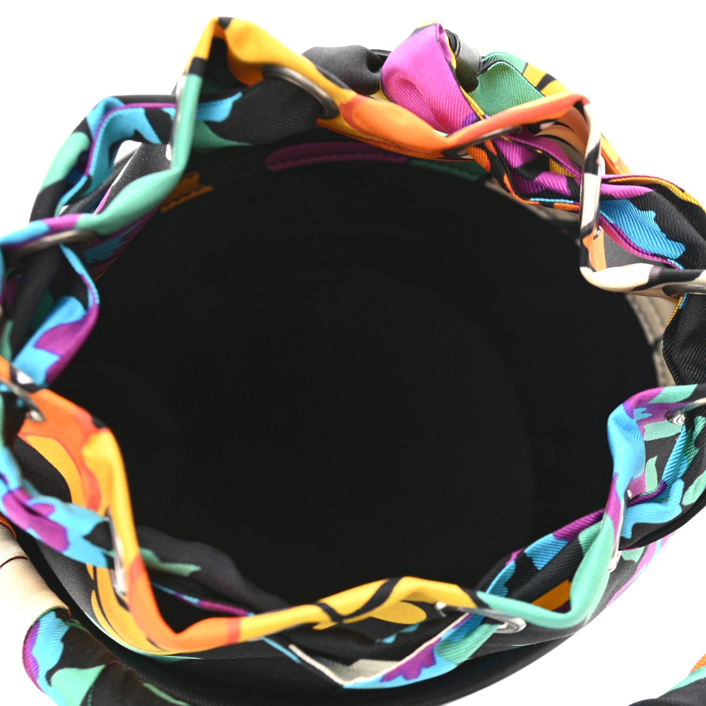Calfskin Silk Floral Print Small Bucket Bag Black Multicolor