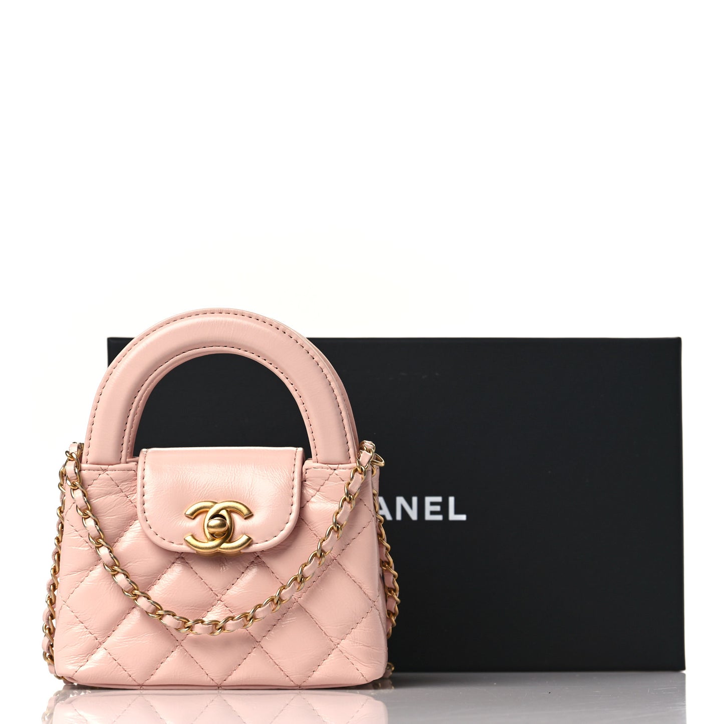Shiny Aged Calfskin Quilted Mini Nano Kelly Shopper Light Pink