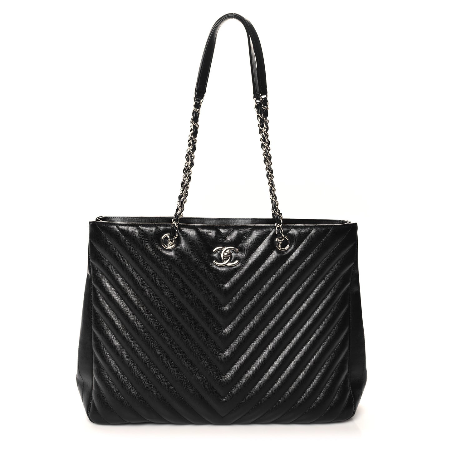 Caviar Chevron Quilted Large Shopping Tote Black