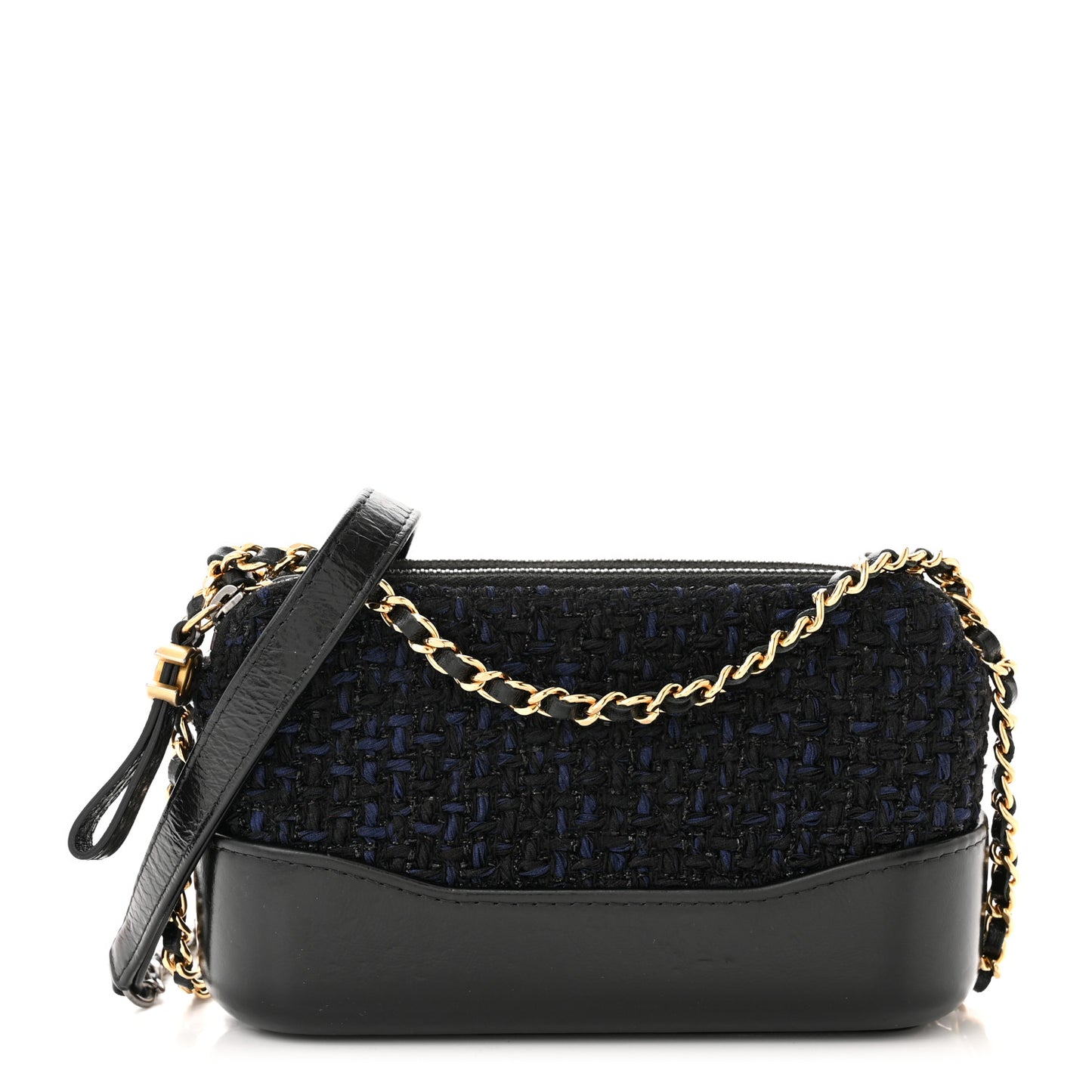 Tweed Aged Calfskin Quilted Small Gabrielle Clutch With Chain Black Blue