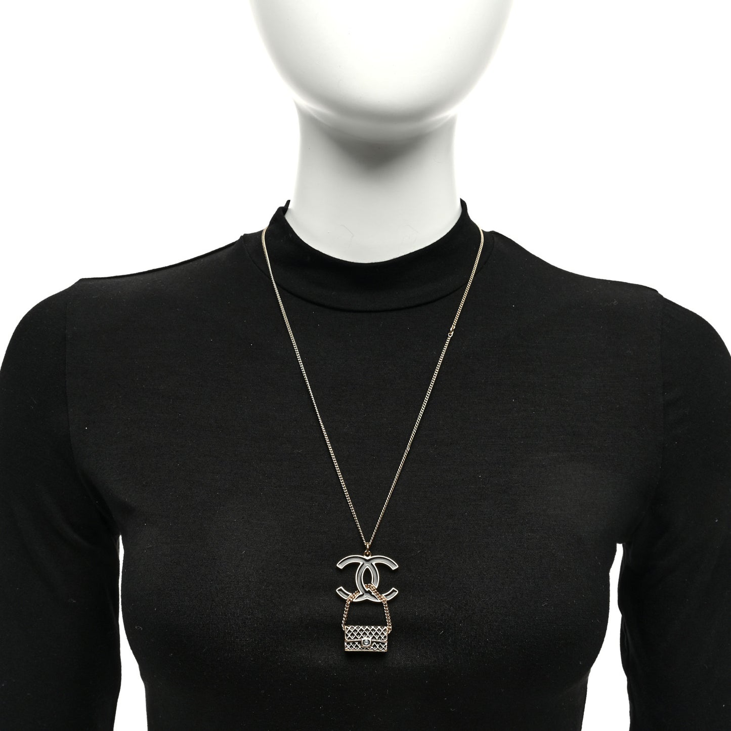 Enamel Pearl CC Flap Pedant Necklace Black