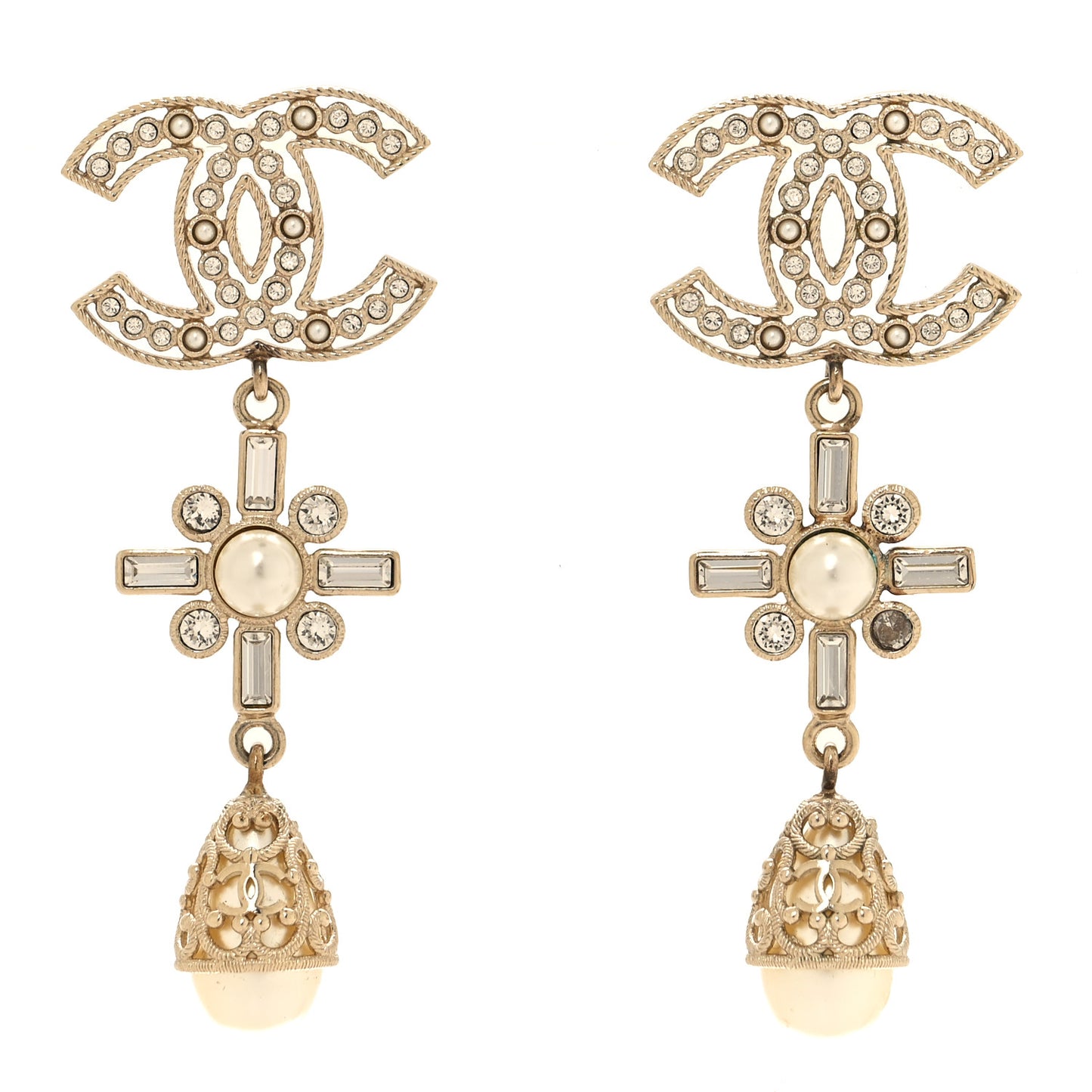 Metal Pearl Crystal CC Twist Teardrop Drop Earrings Gold
