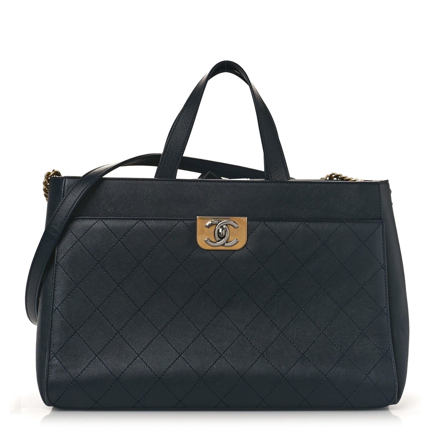 Calfskin Stitched Large Straight Lines Shopping Tote Navy
