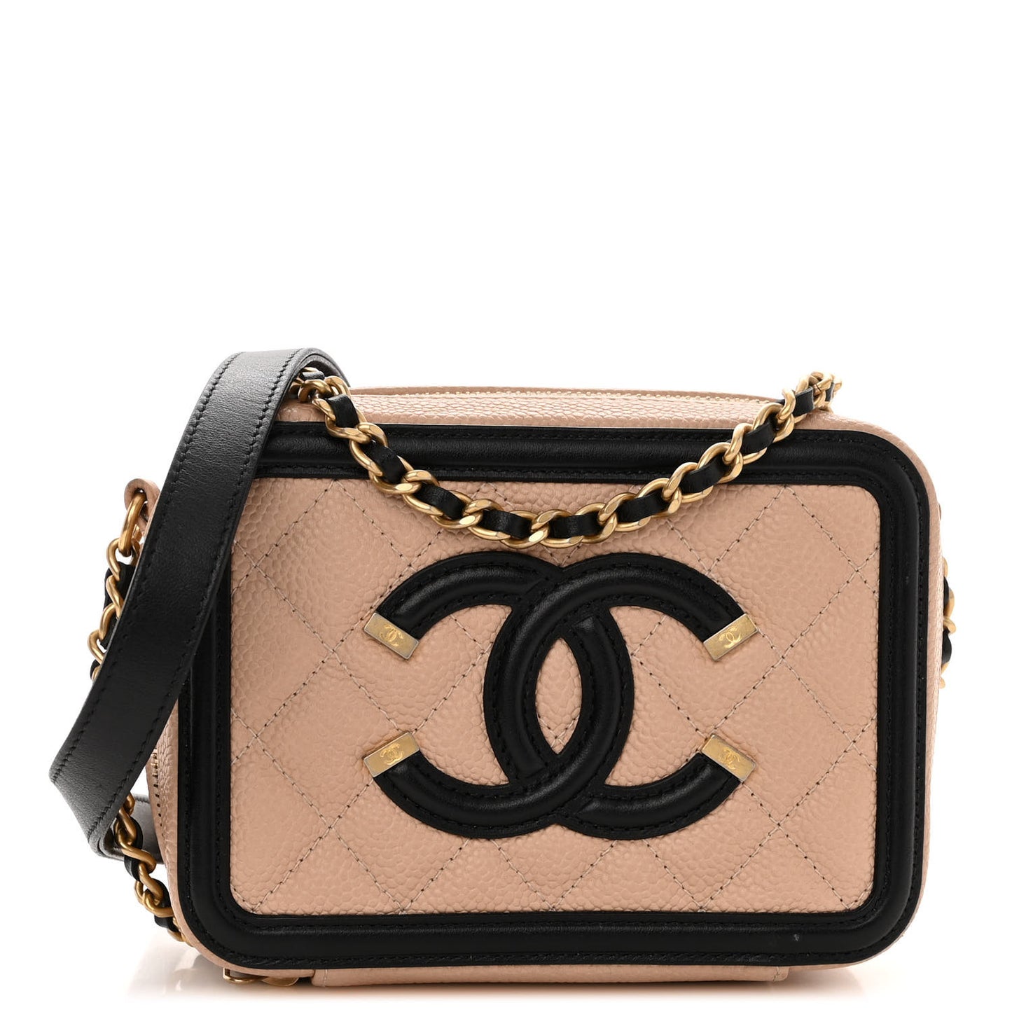 Caviar Quilted CC Filigree Vanity Clutch With Chain Beige Black