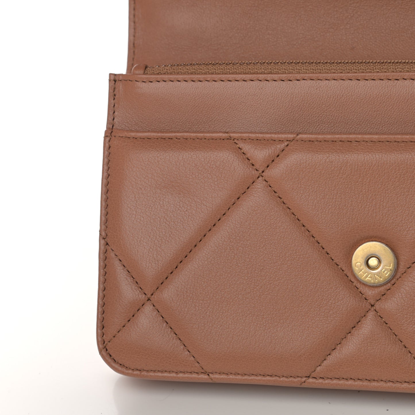 Lambskin Quilted Chanel 19 Wallet On Chain WOC Brown