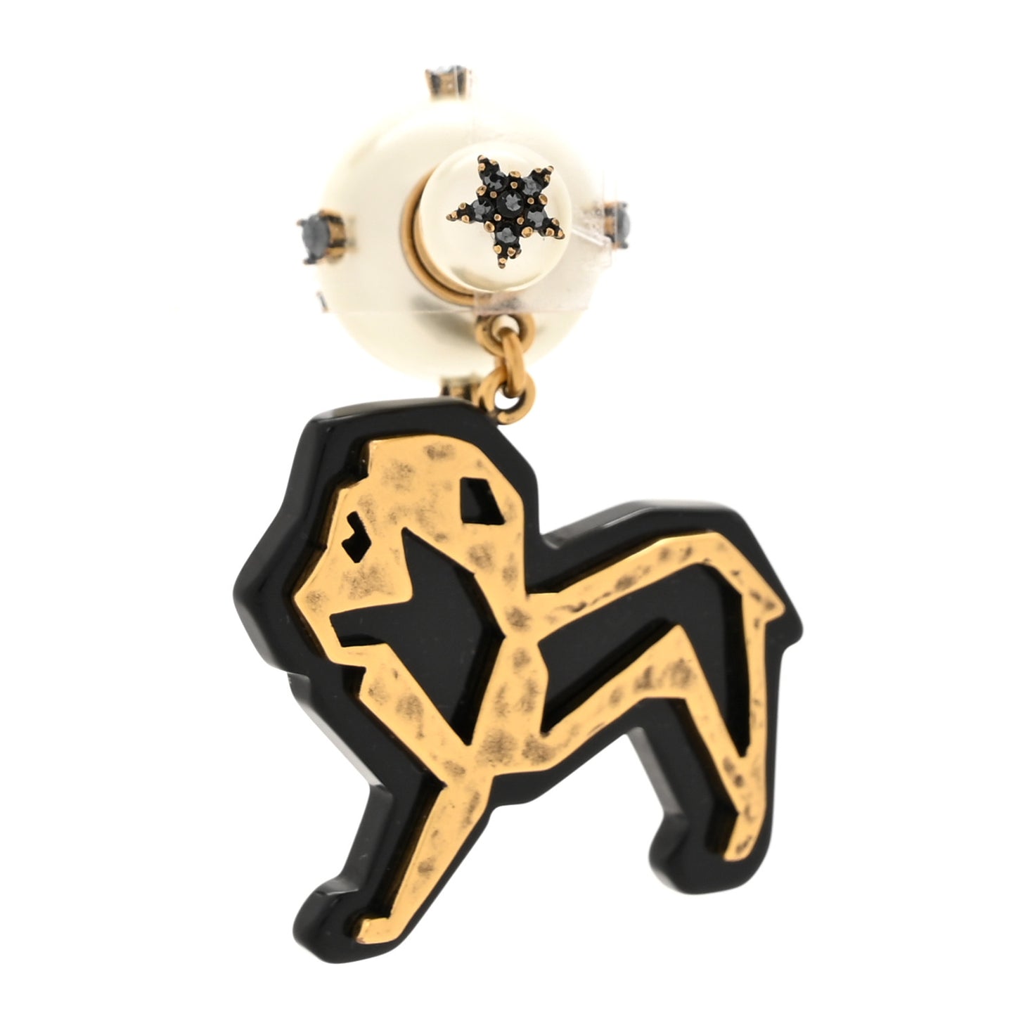 Crystal Pearl Tribales Lion Charm Earring Aged Gold Black