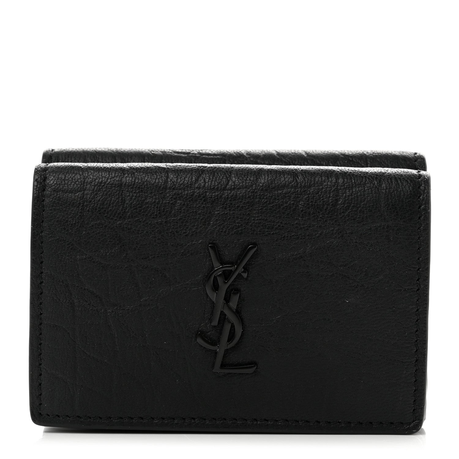Saint Laurent Calfskin Crocodile Embossed Monogram Compact Tri Fold Black 1 of 8