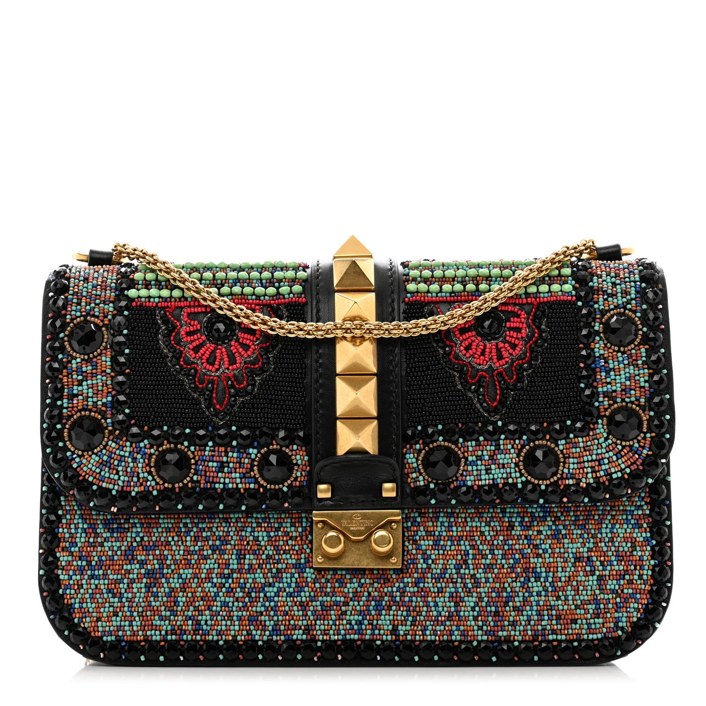 Vitello Beaded Medium Glam Lock Rockstud Flap Black