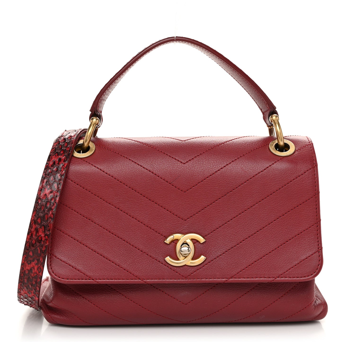 Calfskin Elaphe Stitched Small Chevron Chic Top Handle Flap Red