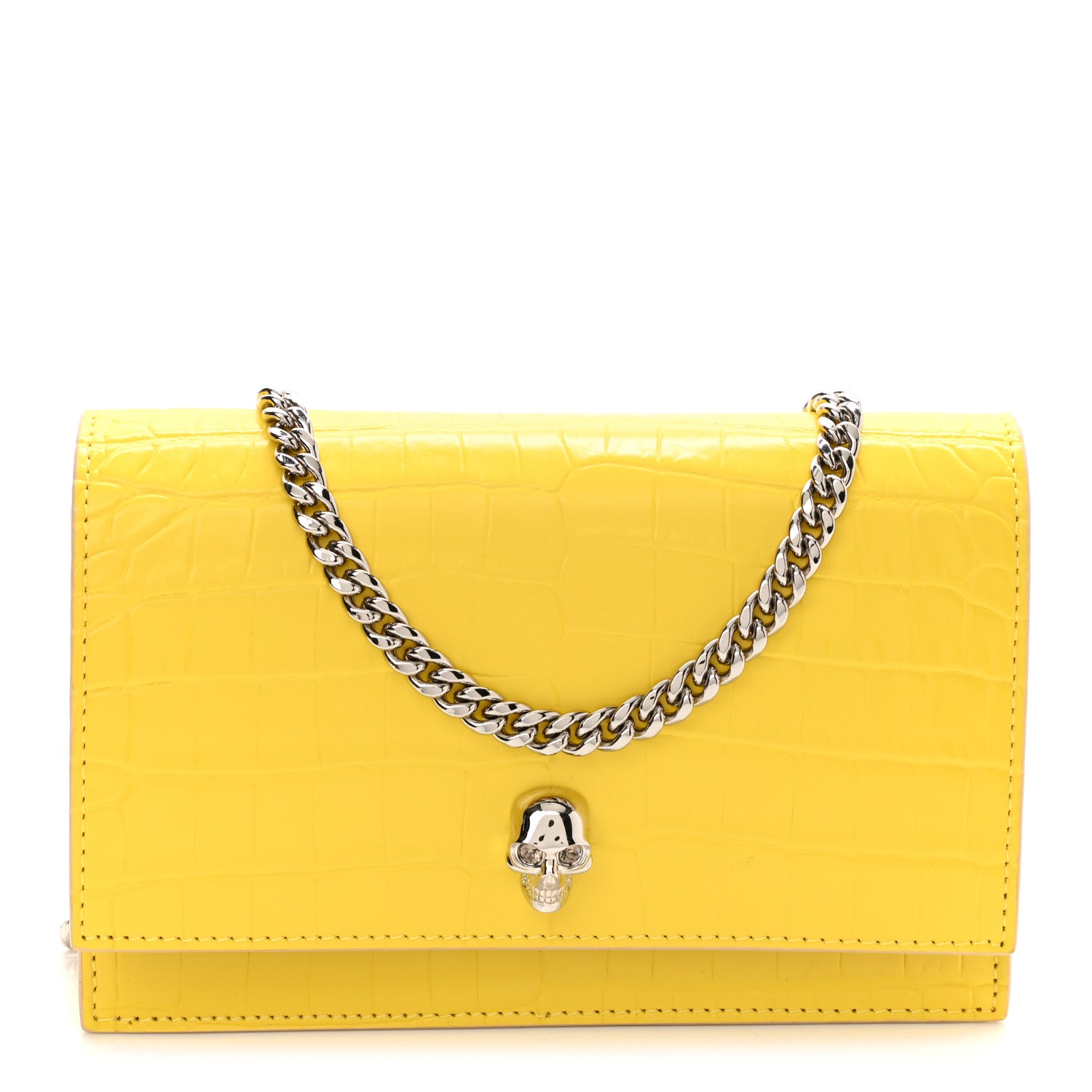 Alexander McQueen Calfskin Crocodile Embossed Skull Mini Crossbody Bag Yellow 1 of 10