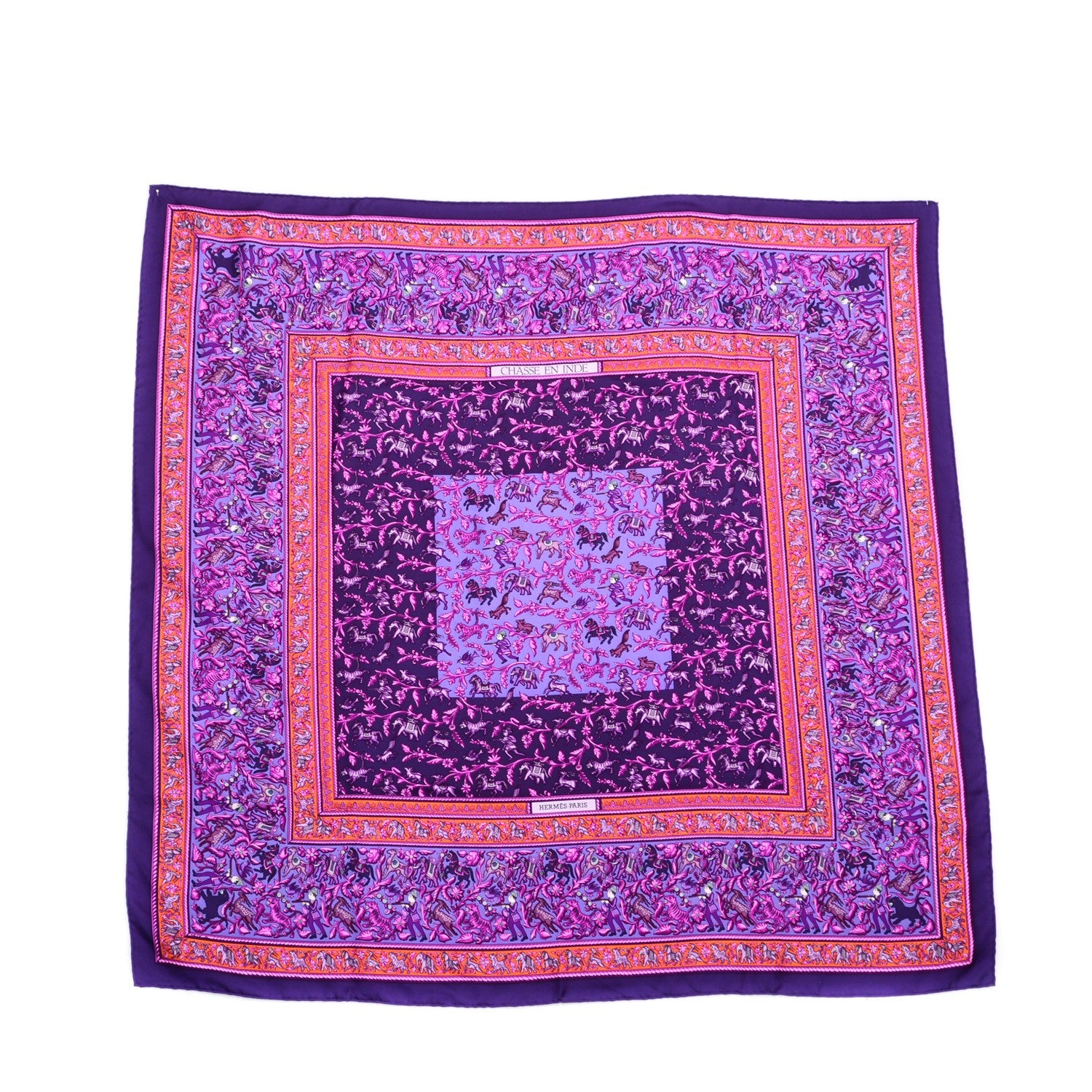 Hermes Silk Chasse En Inde Scarf 90 Violet Orange Rose Indien