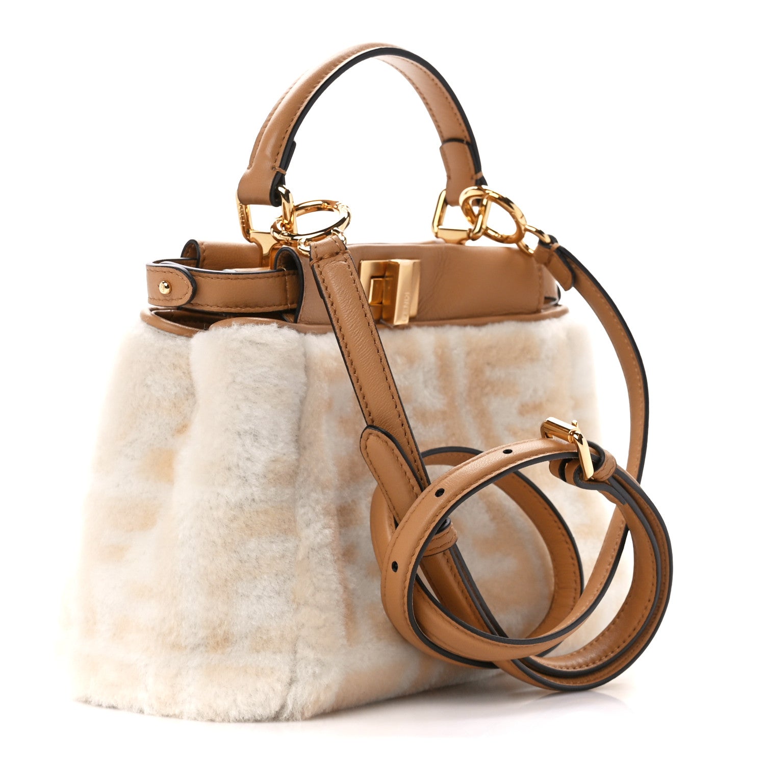 Fendi Shearling Nappa Macro FF 1974 Mini Peekaboo Iconic Satchel White Ice Cuoio Miele Scuro 3 of 11