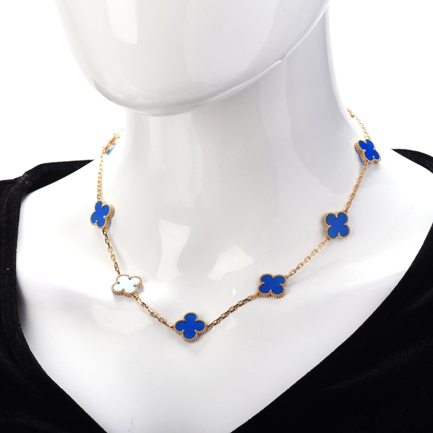 18K Yellow Gold Blue Agate 10 Motifs Vintage Alhambra Necklace
