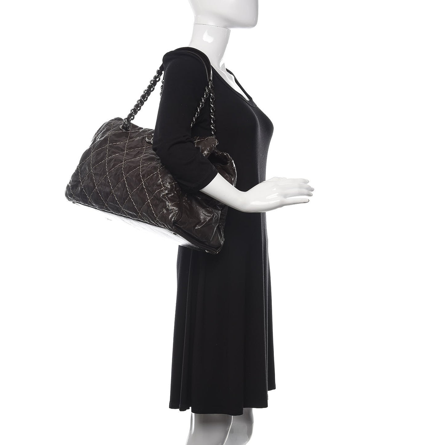 Glazed Goatskin Double Contrast Stitch Large Tote Brown
