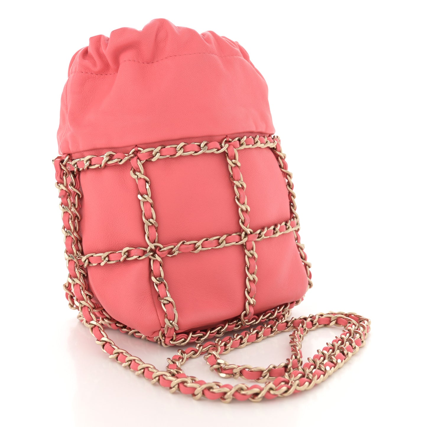 Lambskin Bucket Chain Drawstring Bag Pink