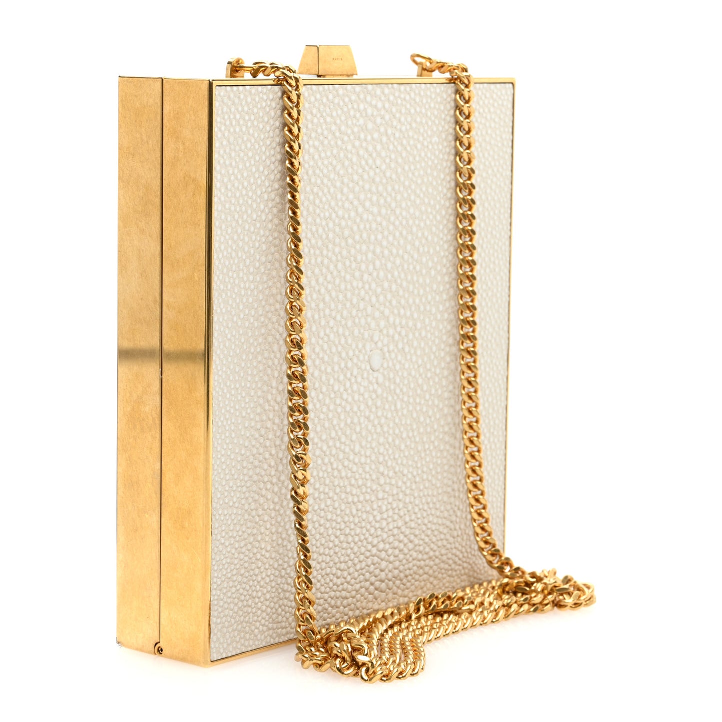 Metal Calfskin Shagreen Embossed Monogram Minaudiere Tuxedo Box Clutch Blanc Vintage Light Bronze