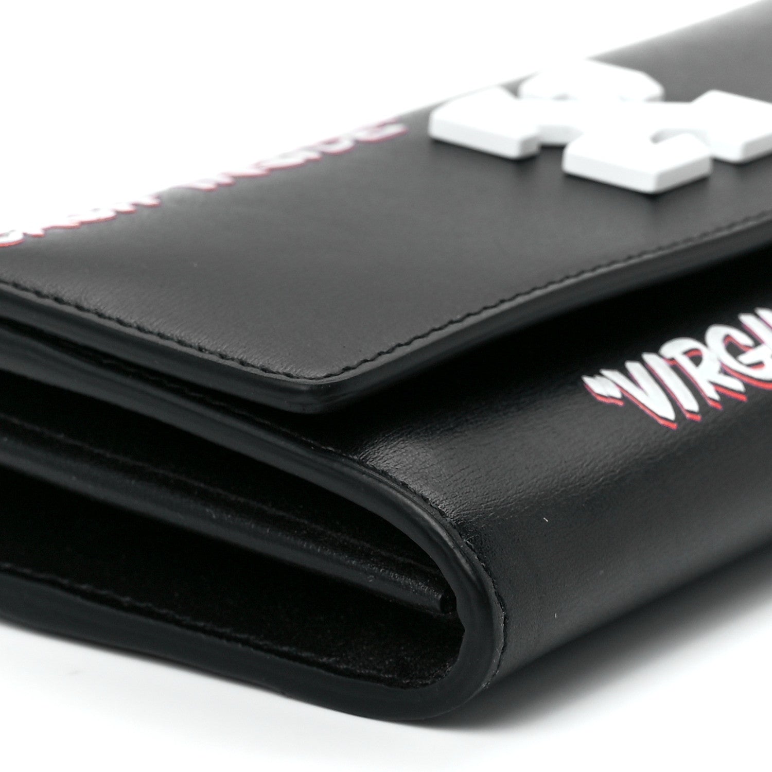 Off-White Calfskin Jitney Logo Flap Wallet On Chain Black 9 of 10