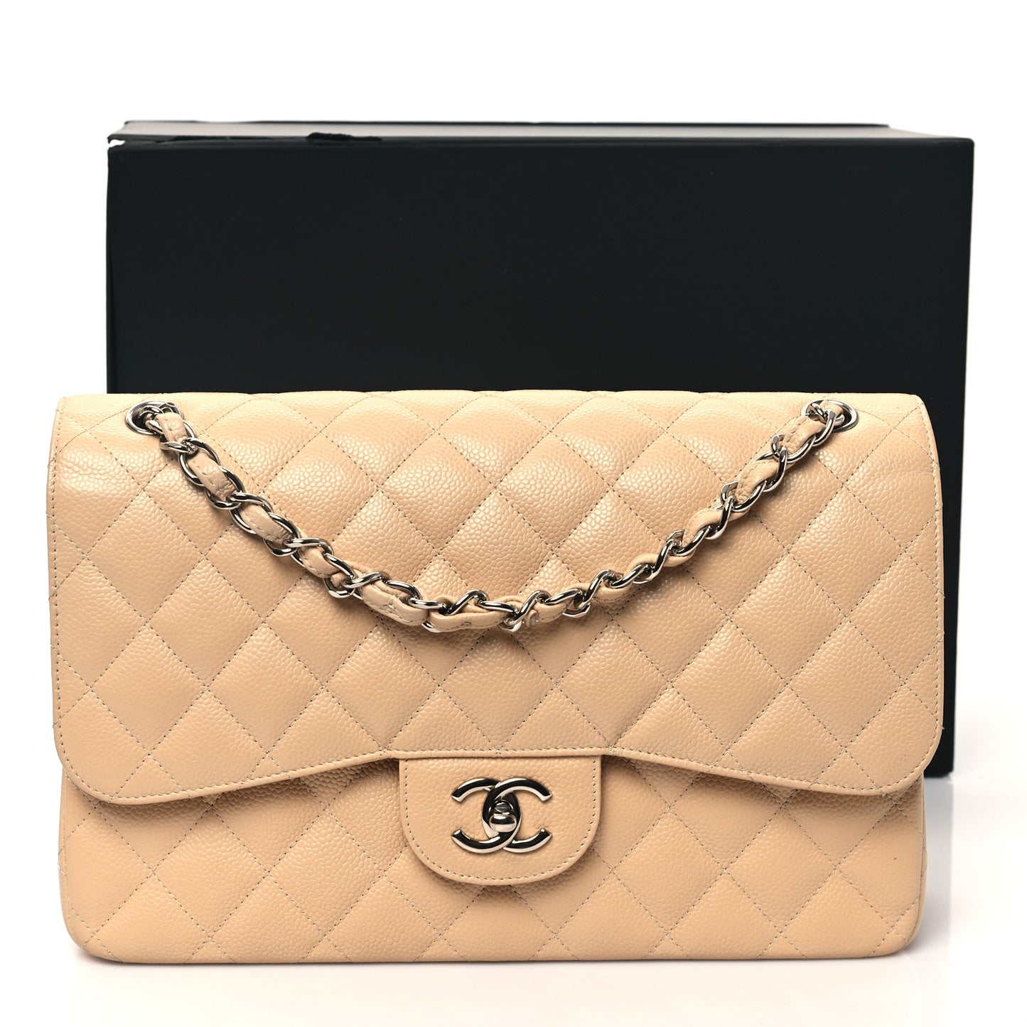 Caviar Quilted Jumbo Double Flap Beige
