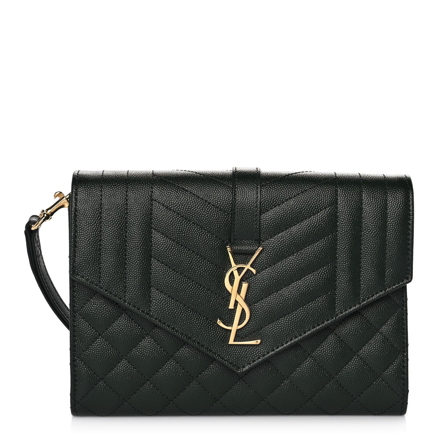 Saint Laurent Grain De Poudre Textured Mixed Matelasse Triquilt Monogram Clutch Vert Fonce 1 of 11