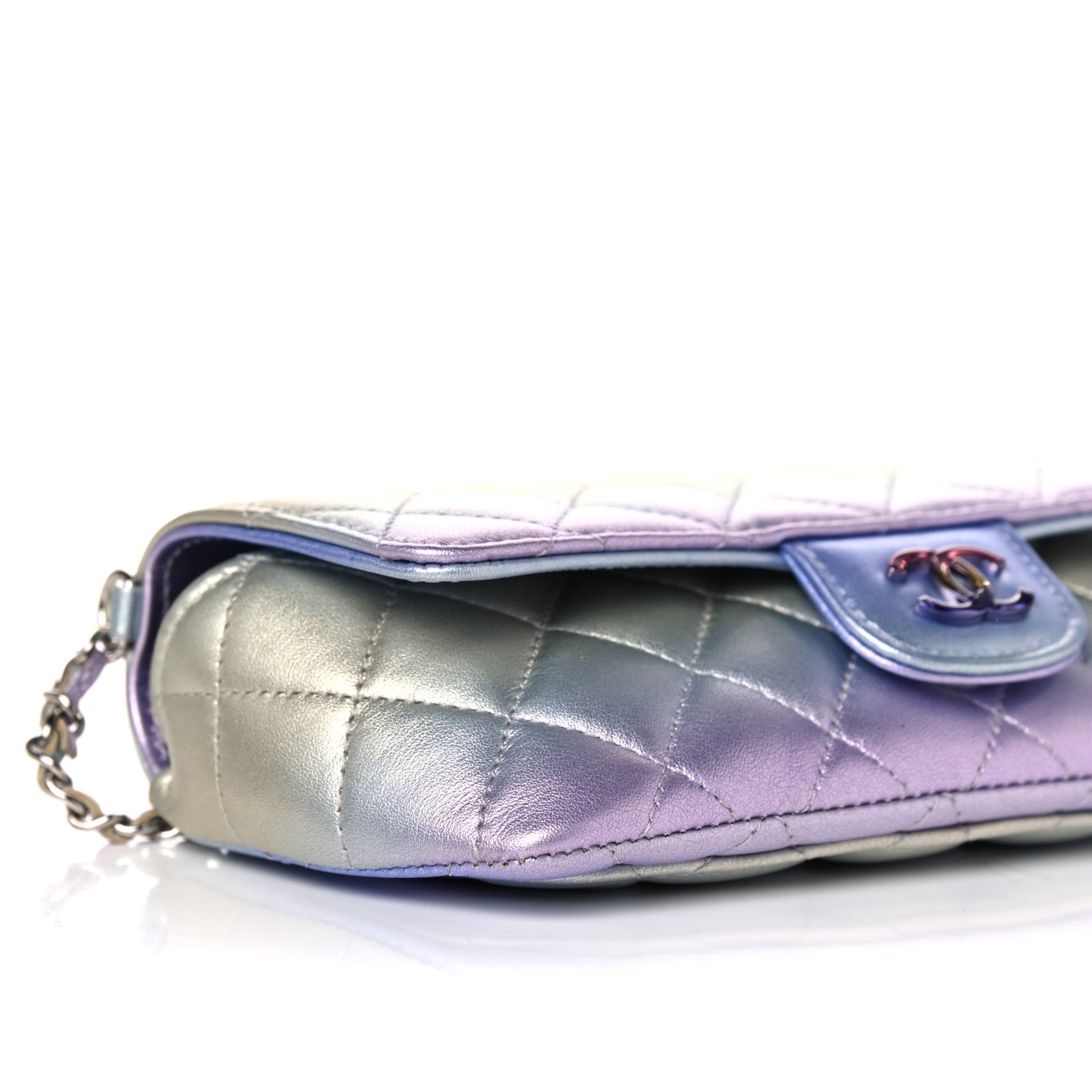 Gradient Metallic Calfskin Quilted Glasses Case With Chain Silver Blue Yellow Purple