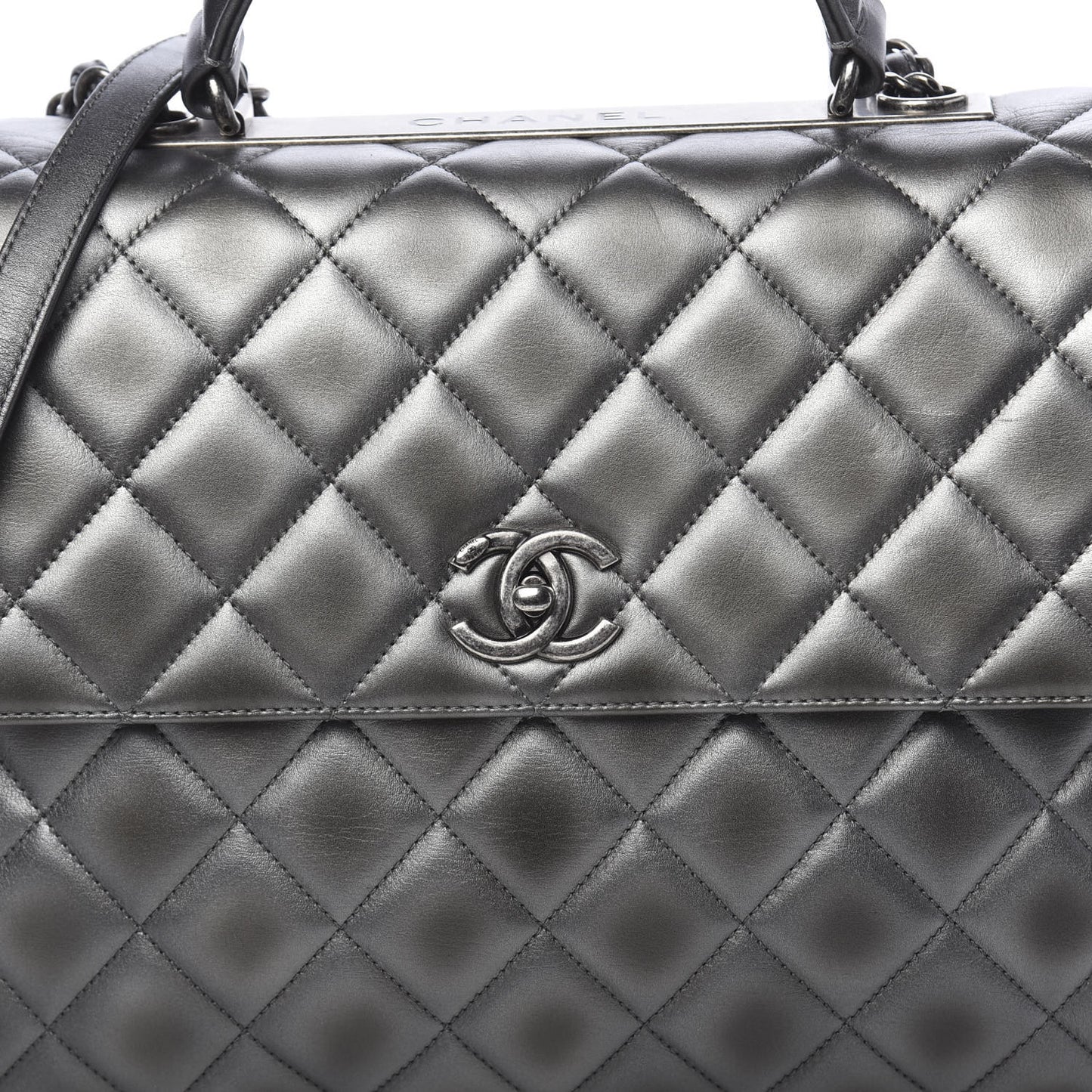 Metallic Calfskin Quilted Large Trendy CC Flap Dual Handle Bag Dark Silver