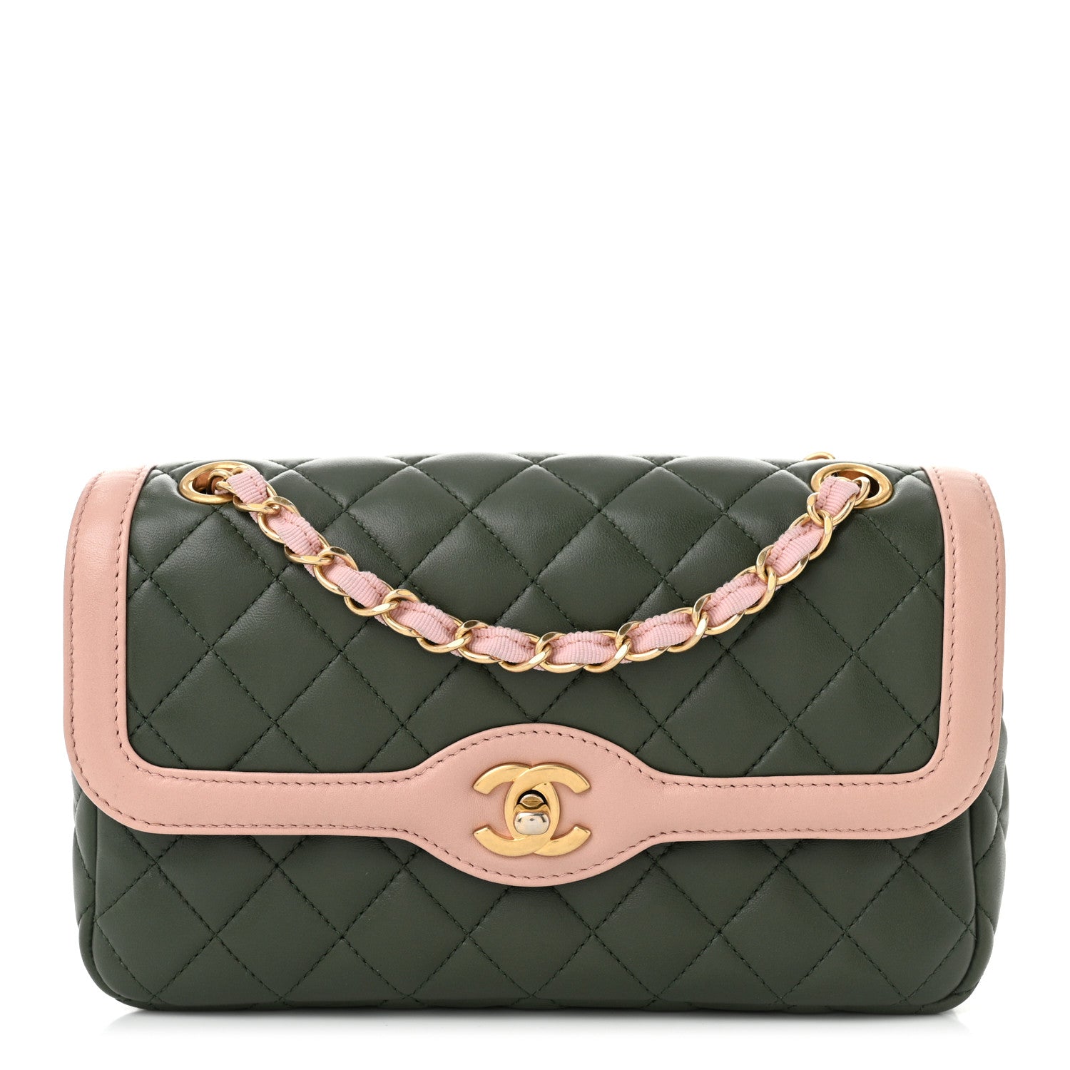 Chanel Lambskin Quilted Bi-Color Flap Green Pink 1656886
