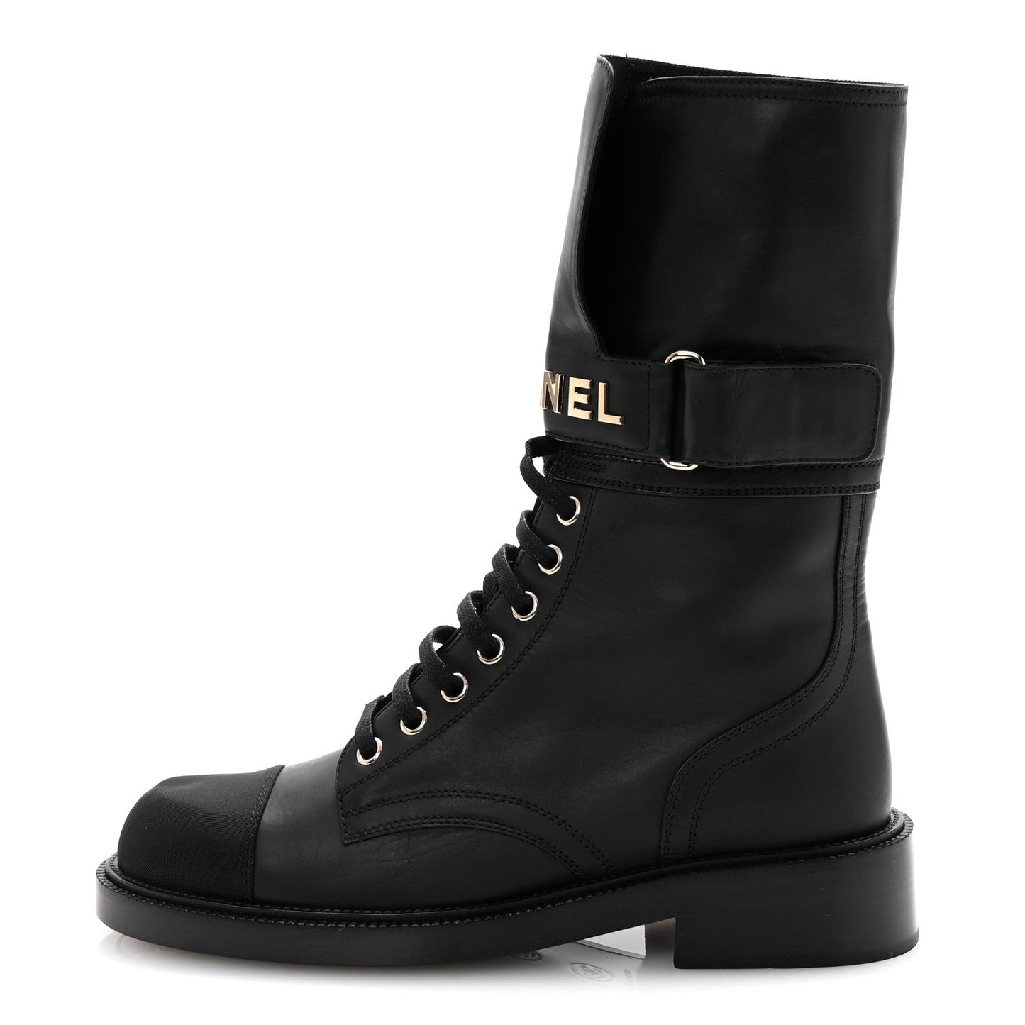 Shiny Calfskin Lace Up Combat Boots 38 Black