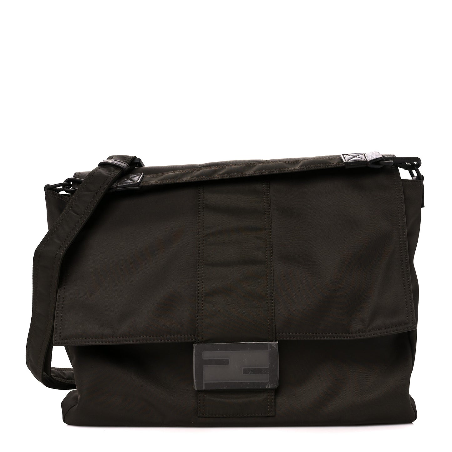 Econyl Nylon Cuoio Romano Monochrome Large Baguette Messenger Bag Ebano