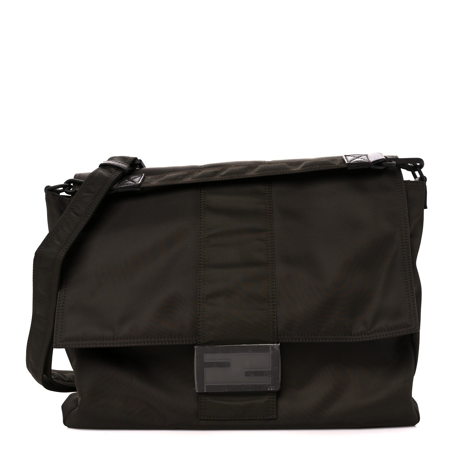 Fendi Econyl Nylon Cuoio Romano Monochrome Large Baguette Messenger Bag Ebano 1 of 12