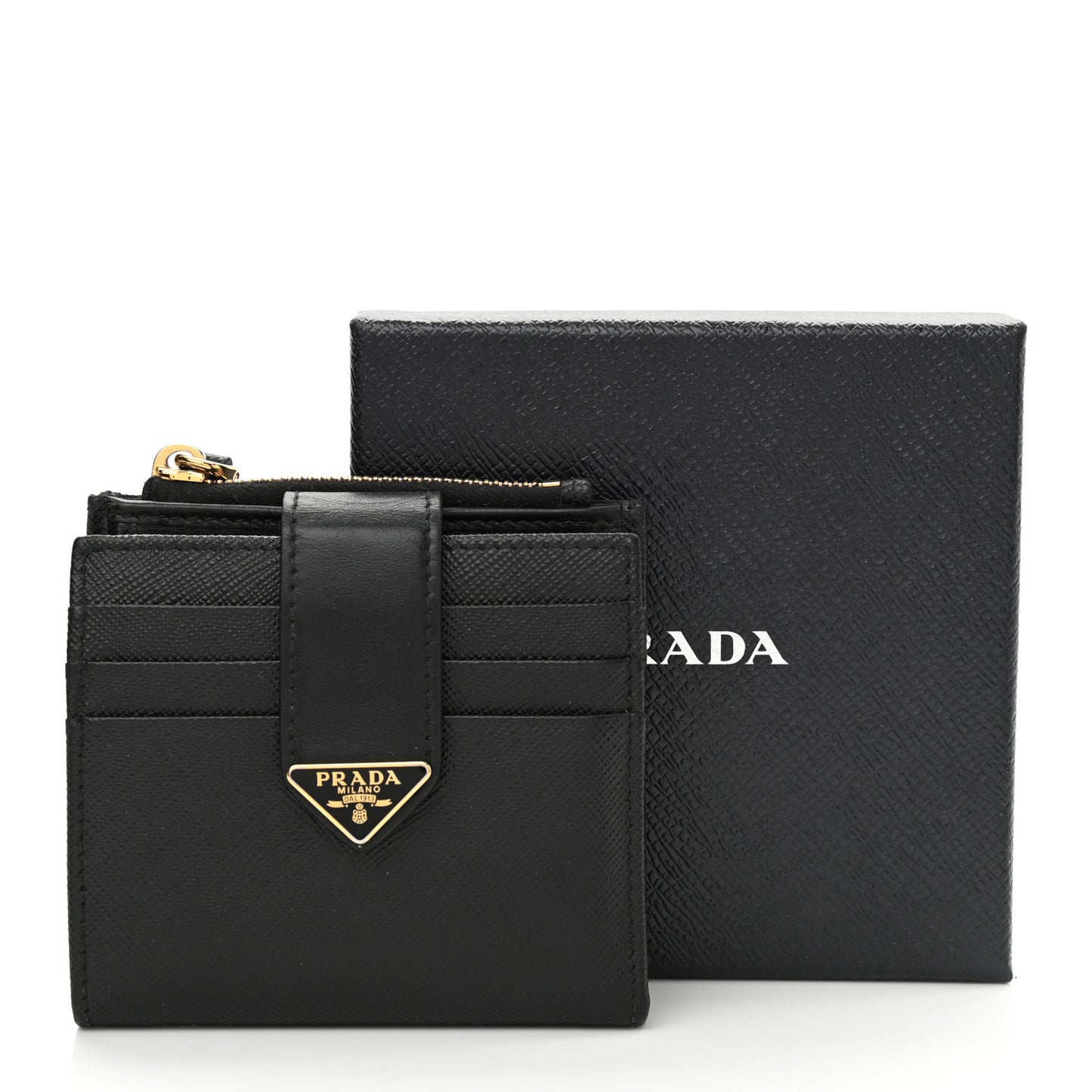 Saffiano Smooth Calfskin Tab Card Holder Compact Wallet Black